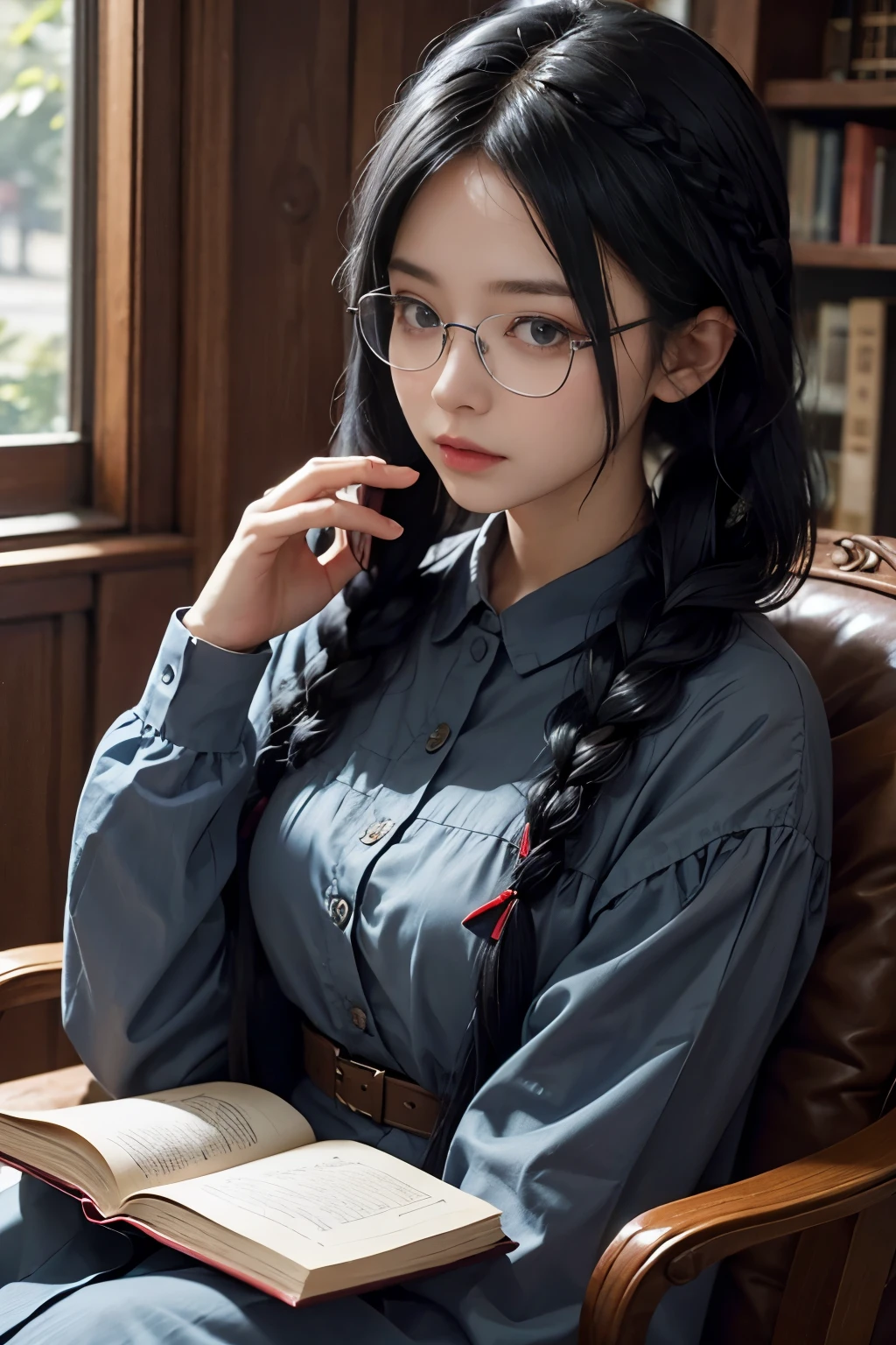 slightly blue black hair、Braid、have a book、glasses、gray dress