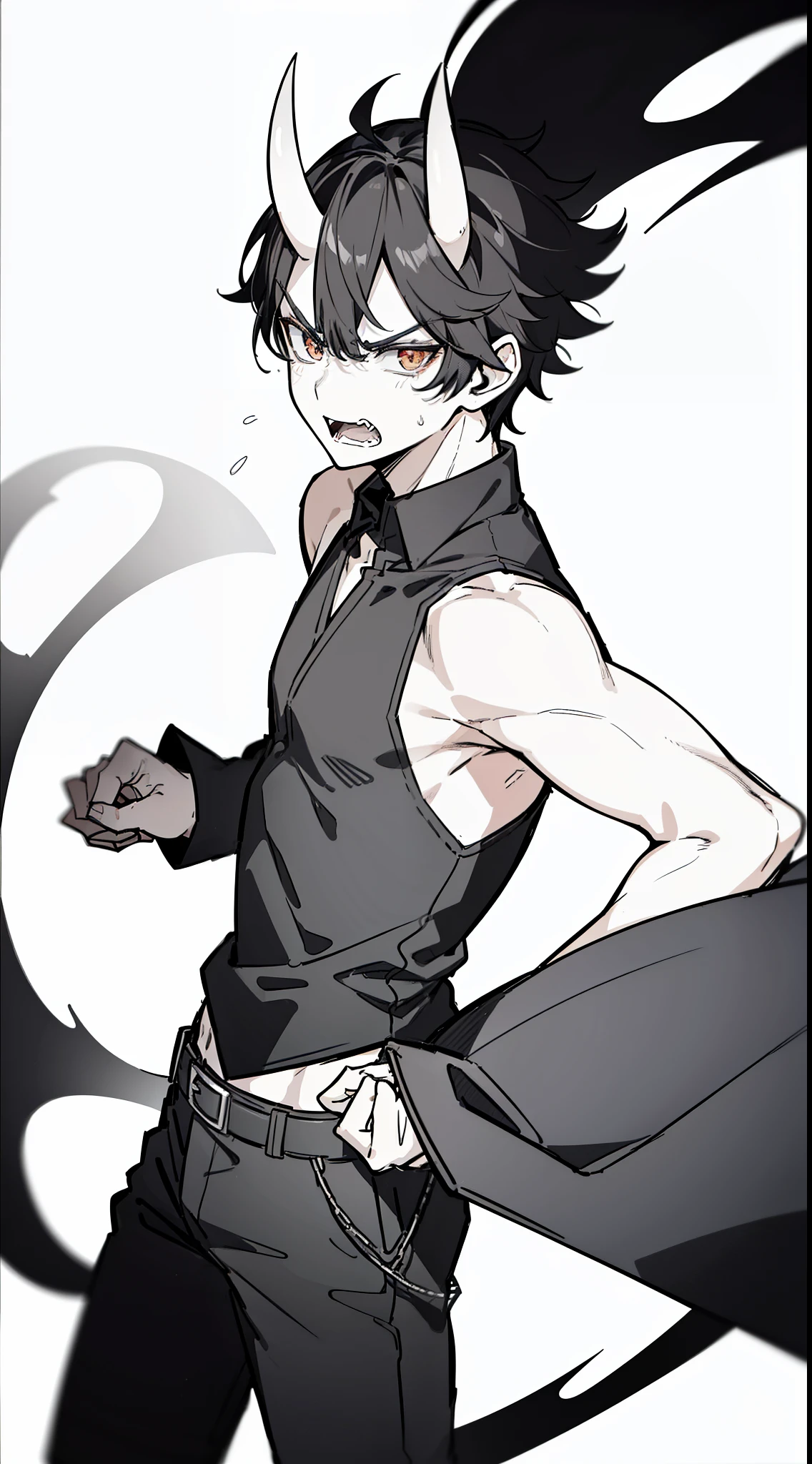 (1oni boy,20s,mature male),solo,black hair,oni horns,short hair,((black shirt,sleeveless,black pants))),cowboy shot,(white background,line drawing),(angry),open mouth,battle pose