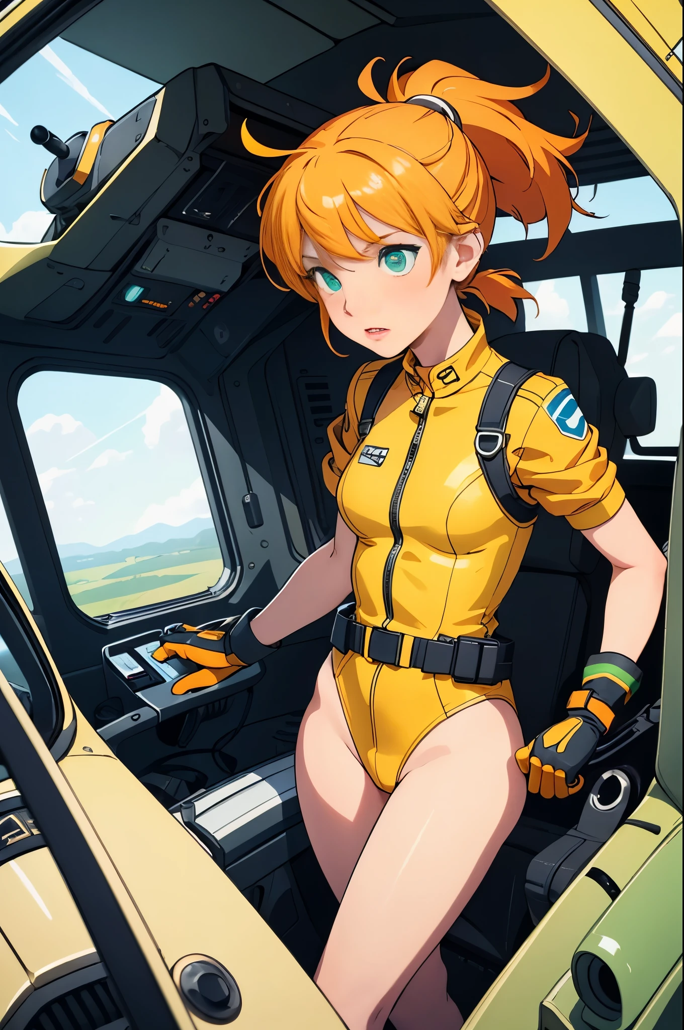 (masterpiece), (best quality), 1girl, solo focus, pilot, flying helicopter, from cockpit, leotard, bare legs, gloves, light yellow hair, light yellow-orange hair, short hair, green eyes, bangs, ponytail