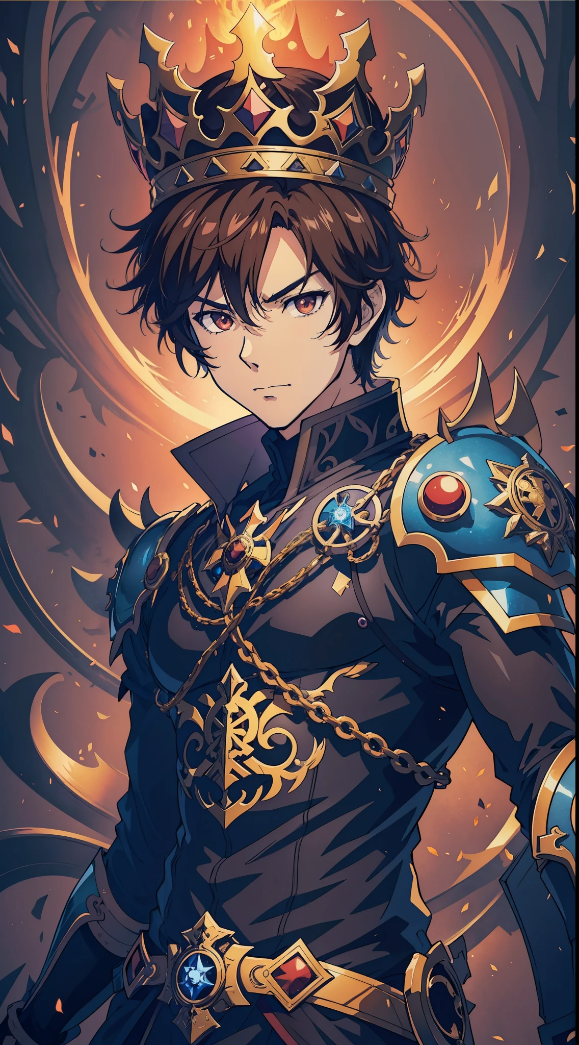 latin anime boy, action pose, brown hair, full body shot, the former demon king, shigenori soejima illustration, prince crown of black gears, high quality fanart, key anime art, highly detailed exquisite fanart, ( ( god king of ai art ) ), wears a light grey crown, 4 k manga wallpaper, badass anime 8 k