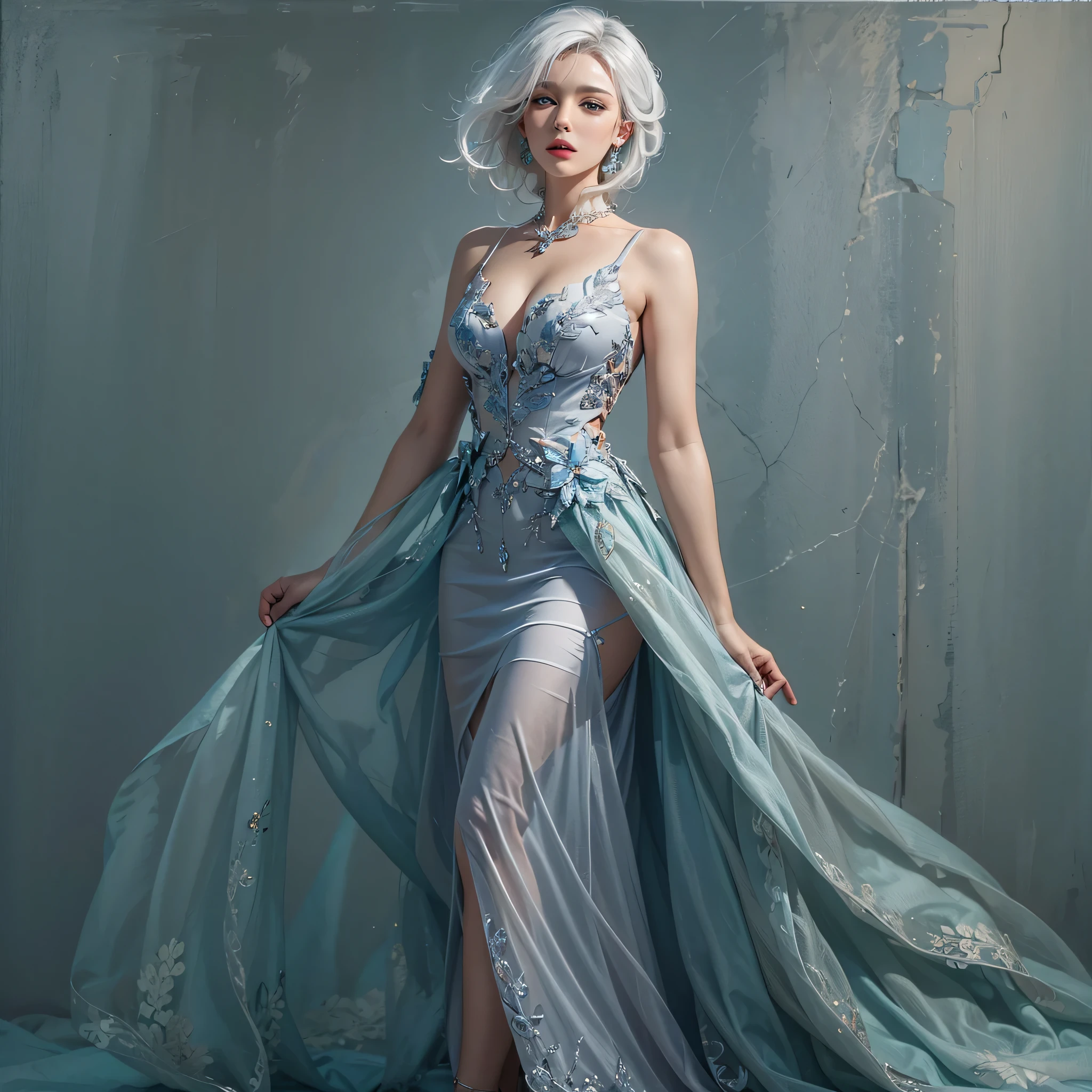 photorealistic, masterpiece, high resolution, soft light, mature female, silver hair, blue eyes, hips up, elegant dress, full dress