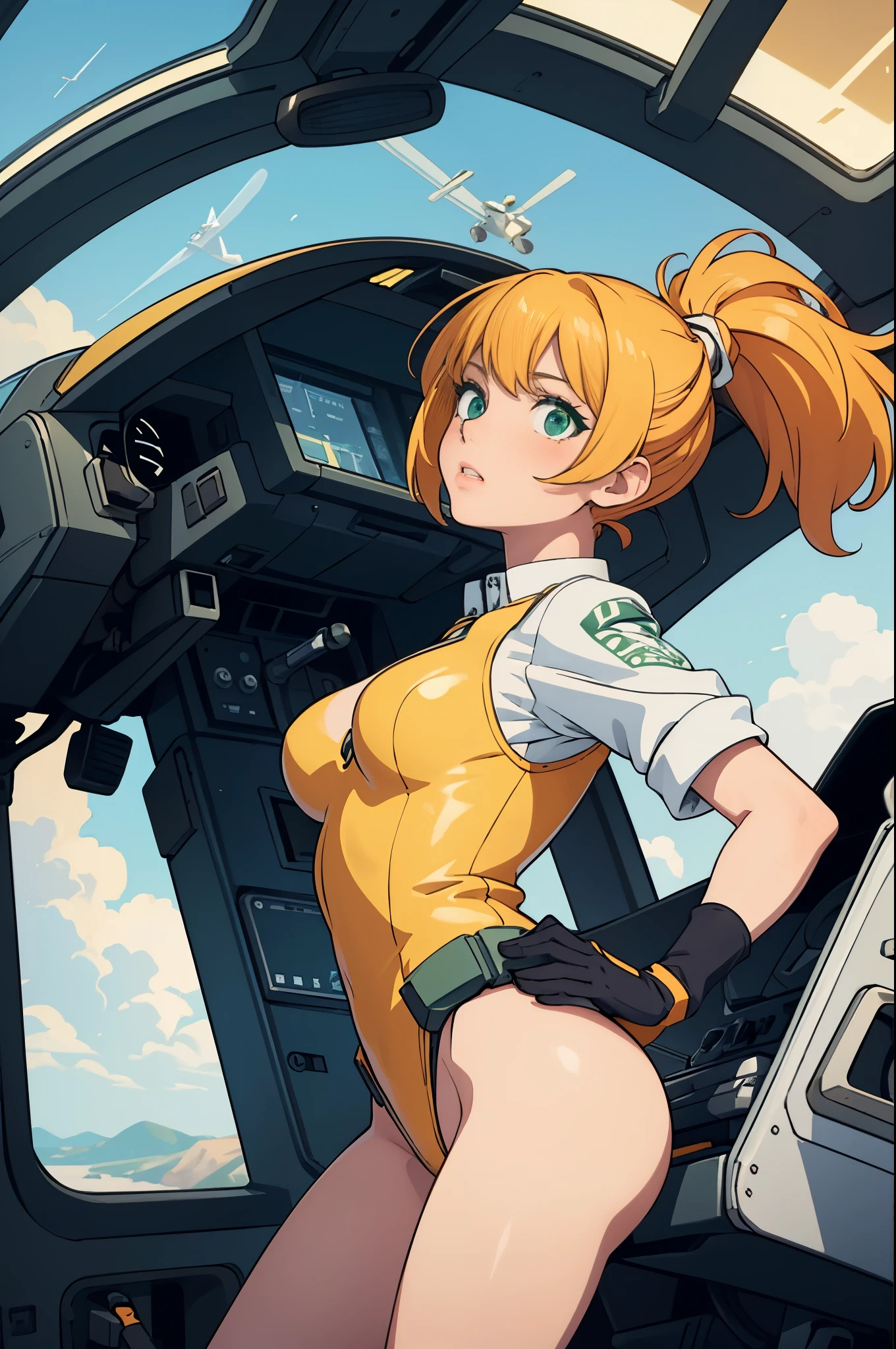(masterpiece), (best quality), 1girl, solo focus, pilot, flying helicopter, from cockpit, leotard, bare legs, gloves, light yellow hair, light yellow-orange hair, short hair, green eyes, bangs, ponytail
