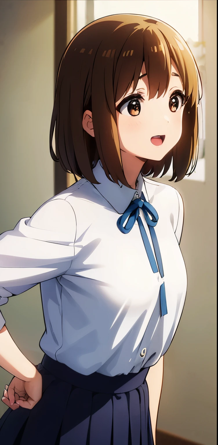 1girl, (((masterpiece))), top-quality, top-quality, High Details, hirasawa yui, 1girl, Sakuragaoka High School Uniform, student clothes, maid cafe uniform, two-yellow hairpin, short hair, A brown-haired, brown-eyed, 独奏, reddish, thin blue ribbon, Solid white buttoned shirt under blazer, illustratio, comic strip, soothing tones, Subdued Color, Soft cinematic light, adobe lightroom, photolab, HDR, intricately and hyper-detailed、(((depth of fields))))。(((masterpiece)))。(((top-quality))).)((ultra-detailliert)))。(((illustratio)))。(((takeout))).dynamic focus.big breasts.(((canteen))).(((A school))).(((Face of happy))). open mouth.(((put hands on the hip))).(((up chest))).((morning glow)).((the setting sun)).