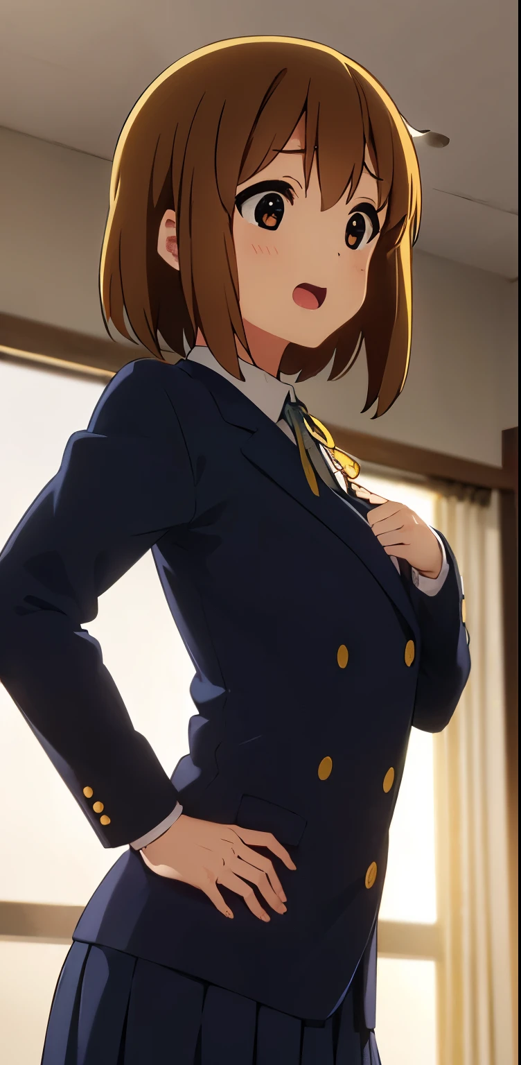 1girl, (((​masterpiece))), top-quality, top-quality, High Details, hirasawa yui, 1girl, Sakuragaoka High School Uniform, student clothes, maid cafe uniform, two-yellow hairpin, short hair, A brown-haired, brown-eyed, 独奏, reddish, thin blue ribbon, Solid white buttoned shirt under blazer, illustratio, comic strip, soothing tones, Subdued Color, Soft cinematic light, adobe lightroom, photolab, HDR, intricately and hyper-detailed、(((depth of fields))))。(((​masterpiece)))。(((top-quality))).)((ultra-detailliert)))。(((illustratio)))。(((takeout))).dynamic focus.big breasts.(((canteen))).(((A school))).(((Face of happy))). open mouth.(((put hands on the hip))).(((up chest))).((morning glow)).((the setting sun)).