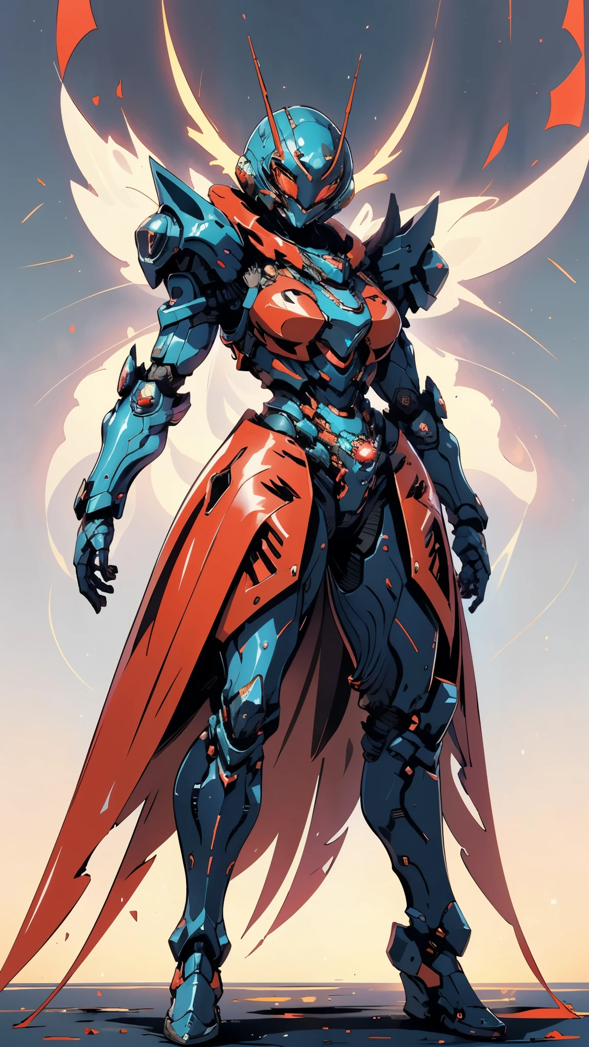 A woman adorned in fantasy-style full-body armor, a crown-concept fully enclosed helmet that unveils only her eyes, a composite layered chest plate, fully encompassing shoulder and hand guards, a lightweight waist armor, form-fitting shin guards, the overall design is heavy-duty yet flexible, (the armor gleams with a golden glow, complemented by red and blue accents), exhibiting a noble aura, she floats above a fantasy-surreal high-tech city, this character embodies a finely crafted fantasy-surreal style armored hero in anime style, exquisite and mature manga art style, (mixture of Queen bee and Spider concept Armor, plasma), ((Element, elegant, goddess, femminine:1.5)), metallic, high definition, best quality, highres, ultra-detailed, ultra-fine painting, extremely delicate, professional, anatomically correct, symmetrical face, extremely detailed eyes and face, high quality eyes, creativity, RAW photo, UHD, 32k, Natural light, cinematic lighting, masterpiece-anatomy-perfect, masterpiece:1.5