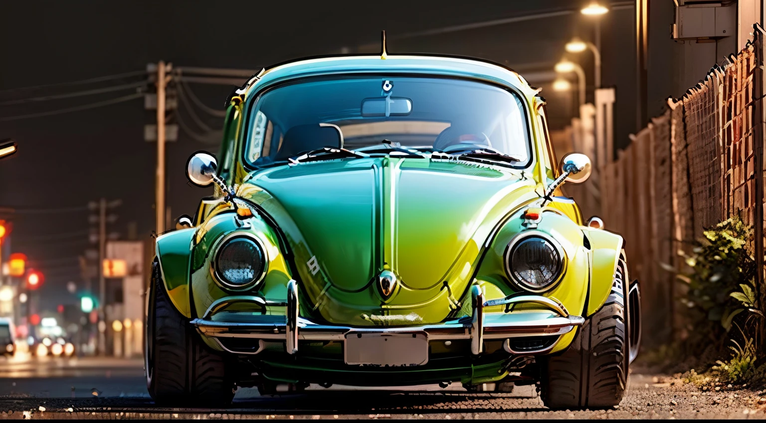 Eine akribisch detaillierte, Photorealistic concept drawing of a custom hot rod VW Beetle with a high gloss paint job, Wide-body body kit and custom wheels, presented on a glossy white surface with a contrasting black background.