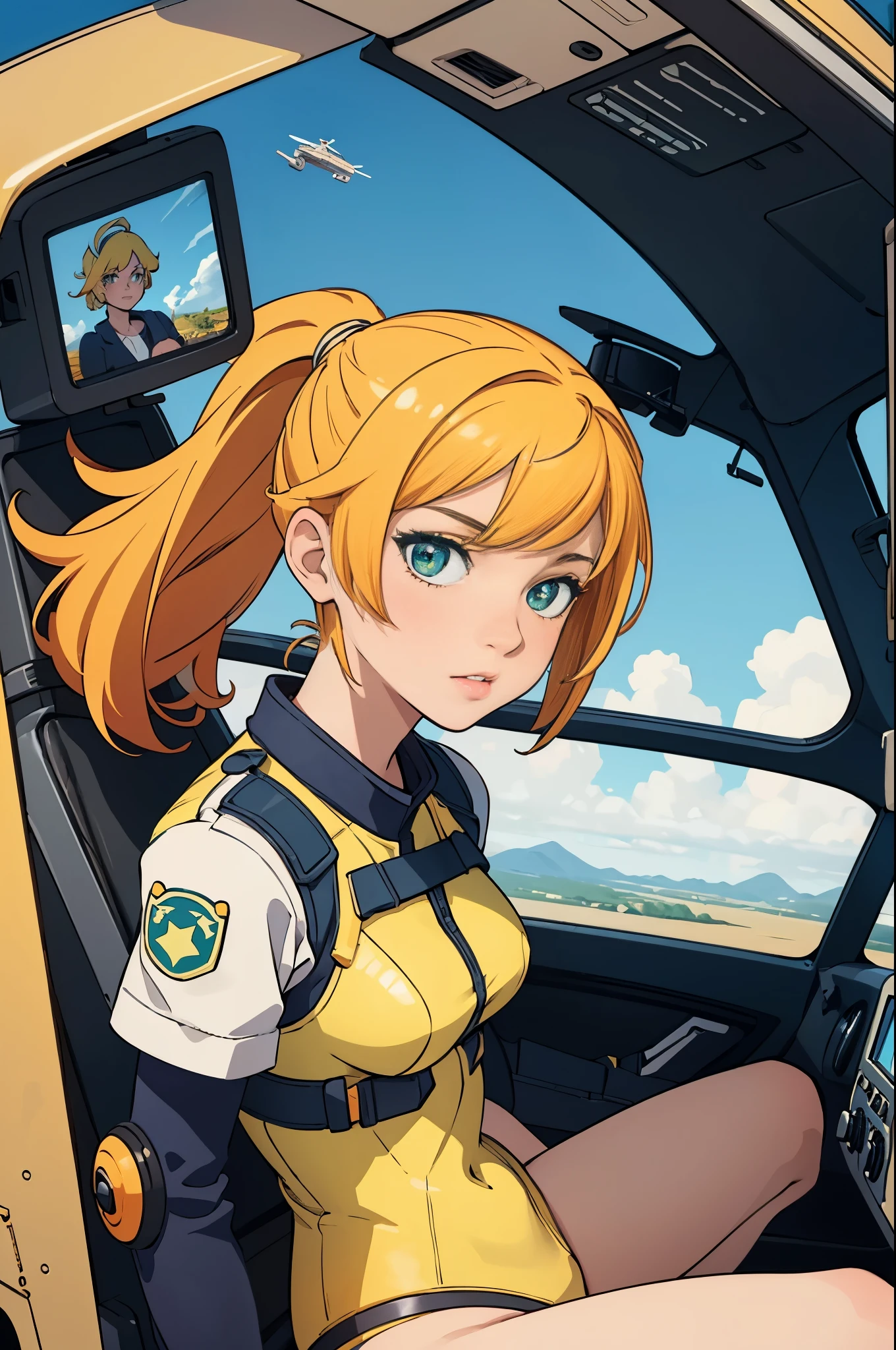 (masterpiece), (best quality), 1girl, solo focus, pilot, flying helicopter, from cockpit, leotard, bare legs, gloves, light yellow hair, light yellow-orange hair, short hair, green eyes, bangs, ponytail