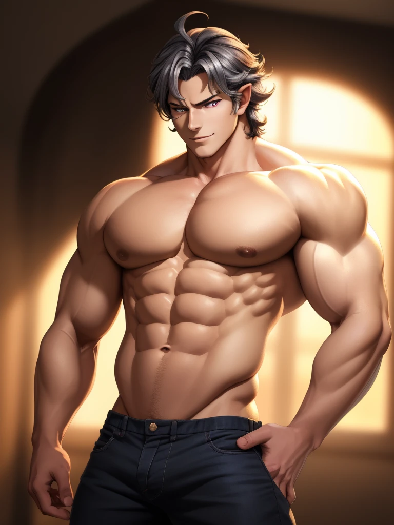 32k, (masterpiece), ultra quality, ultra highres, (anime illustration), (mature male draph:1.3), (cowboy shot), muscular devil (man), beautiful perfect face, masculine jawline, flat pecs, [[big arms]], hunk, confident posture, (black spiky hair), (glaring silver eyes:1.2), eyes fix, (elegant), , oozing  energy, homo, sharp focus, soft lighting, vibrant colors, (detailed face), ((detailed eyes)), perfect face, symmetric eyes, evil smile, Reinhardtzar, Malos, standing,  arousal, (noble), dynamic pose, stand tall, bare neck.