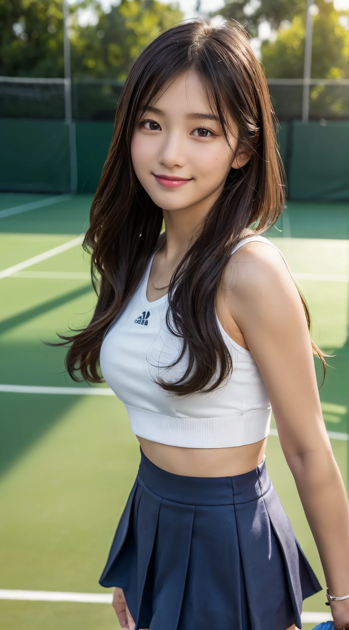 (highest quality,8K quality,masterpiece:1.3),(ultra high resolution,photorealistic:1.4,Live shooting),(Super detailed,caustics,detailed background),(ultra-realistic capture,Beautifully detailed skin,perfect anatomy),Tennis court、at dusk,sunset sky, ((Tennis、Tennis Court、mini skirt)), ,14 years old,cute,single eyelid,black long hair,,Looking at the camera,A sluggish smile,bust up shot,Natural light
