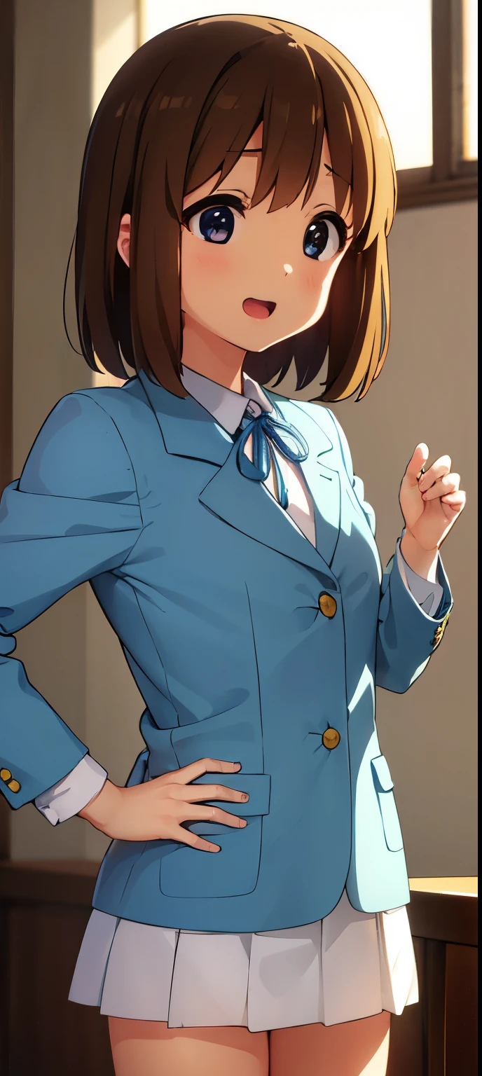 1girl, (((masterpiece))), top-quality, top-quality, High Details, hirasawa yui, 1girl, underwear uniform, two-yellow hairpin, short hair, A brown-haired, brown-eyed, 独奏, reddish, thin blue ribbon, Solid white buttoned shirt under blazer, illustratio, comic strip, soothing tones, Subdued Color, Soft cinematic light, adobe lightroom, photolab, HDR, intricately and hyper-detailed、(((depth of fields))))。(((masterpiece)))。(((top-quality))).)((ultra-detailliert)))。(((illustratio)))。(((takeout))).dynamic focus. big breasts.(((canteen))).(((A school))).(((Face of happy))). open mouth.(((put hands on the hip))).(((up chest))).((morning glow)).((the setting sun)).