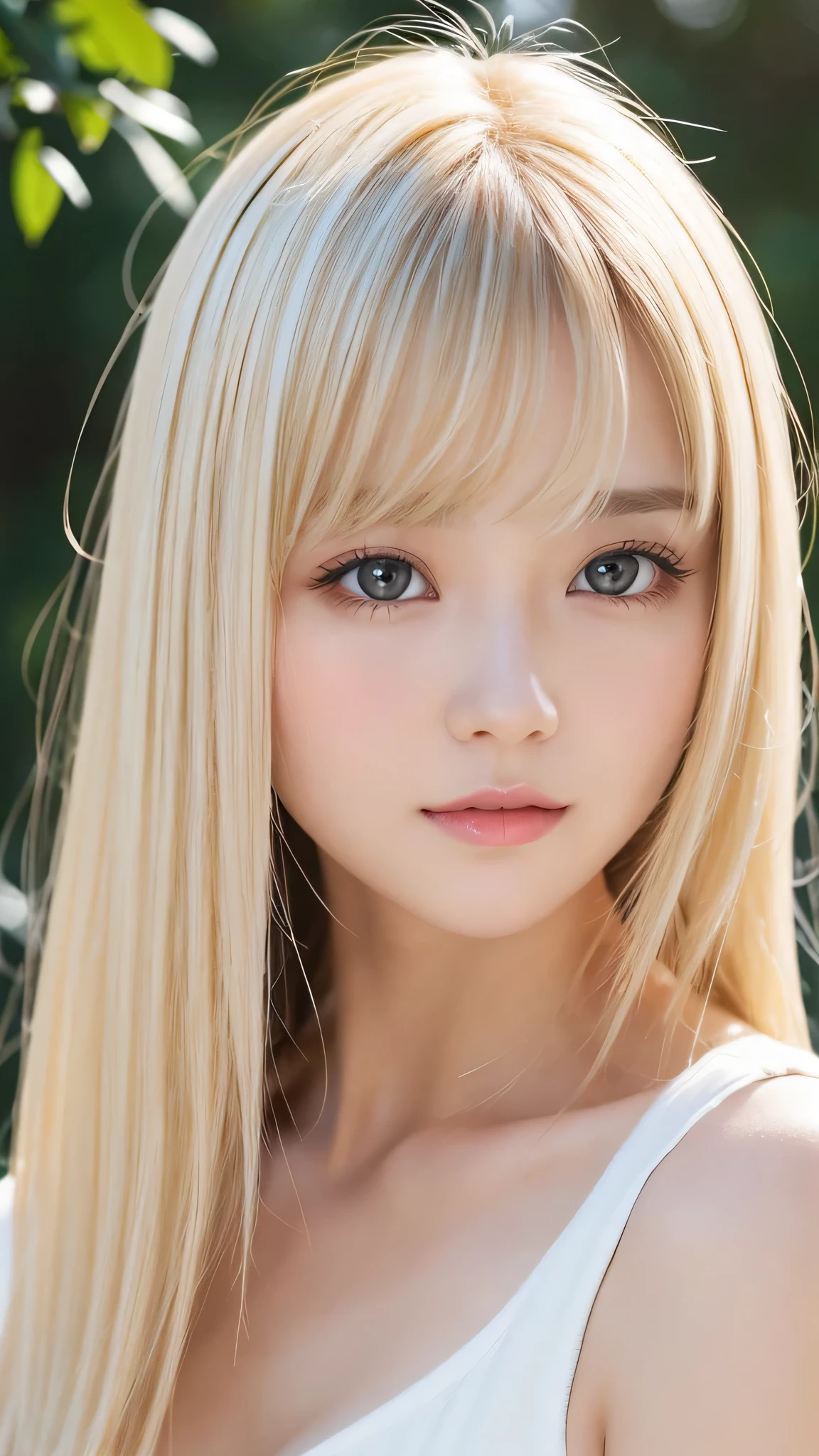 Beautiful white and shining skin、Blonde hair color that changes depending on the light、Long bangs between the eyes that obstruct the view、Cheek gloss highlights、Sexy and very beautiful nice and cute gorgeous face、the most beautiful face in the world、short bob、Smooth straight hair、medium breasts、Big and bright eyes、beautiful bangs、Beautiful and cute girl。small face beauty、