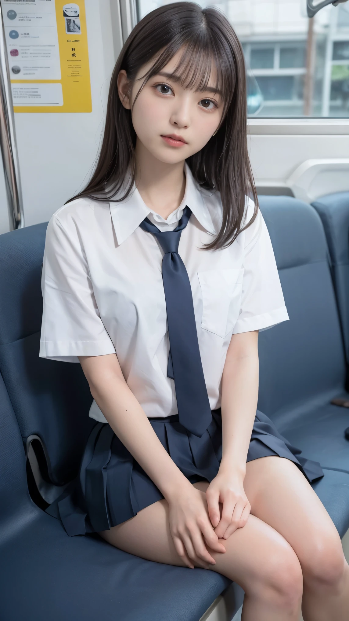 (masterpiece, highest quality:1.2), 8k, 15Year, 85mm, official art, RAW photo, スーパースリムなスレンダーbeautiful girl, Year, 85mm, official art, RAW photo, 超絶スリムな美しいスレンダーbeautiful girl, Navy blue short skirt、short sleeveの白い制服シャツ、show your ears、naked girl photoshoot、full nude, , cute face, close, Half body, Biolace, gardenia, beautiful girl, school uniform, (navy pleated skirt:1.1), tighten your waist, thighs, short sleeve, on the train, sit on a bench seat, looking at the viewer, no makeup, (smile:0.4), film grain, chromatic aberration, sharp focus, face light, clear lighting, Ten generations, detailed face, background bokeh, (dark red tie:1.1)、
