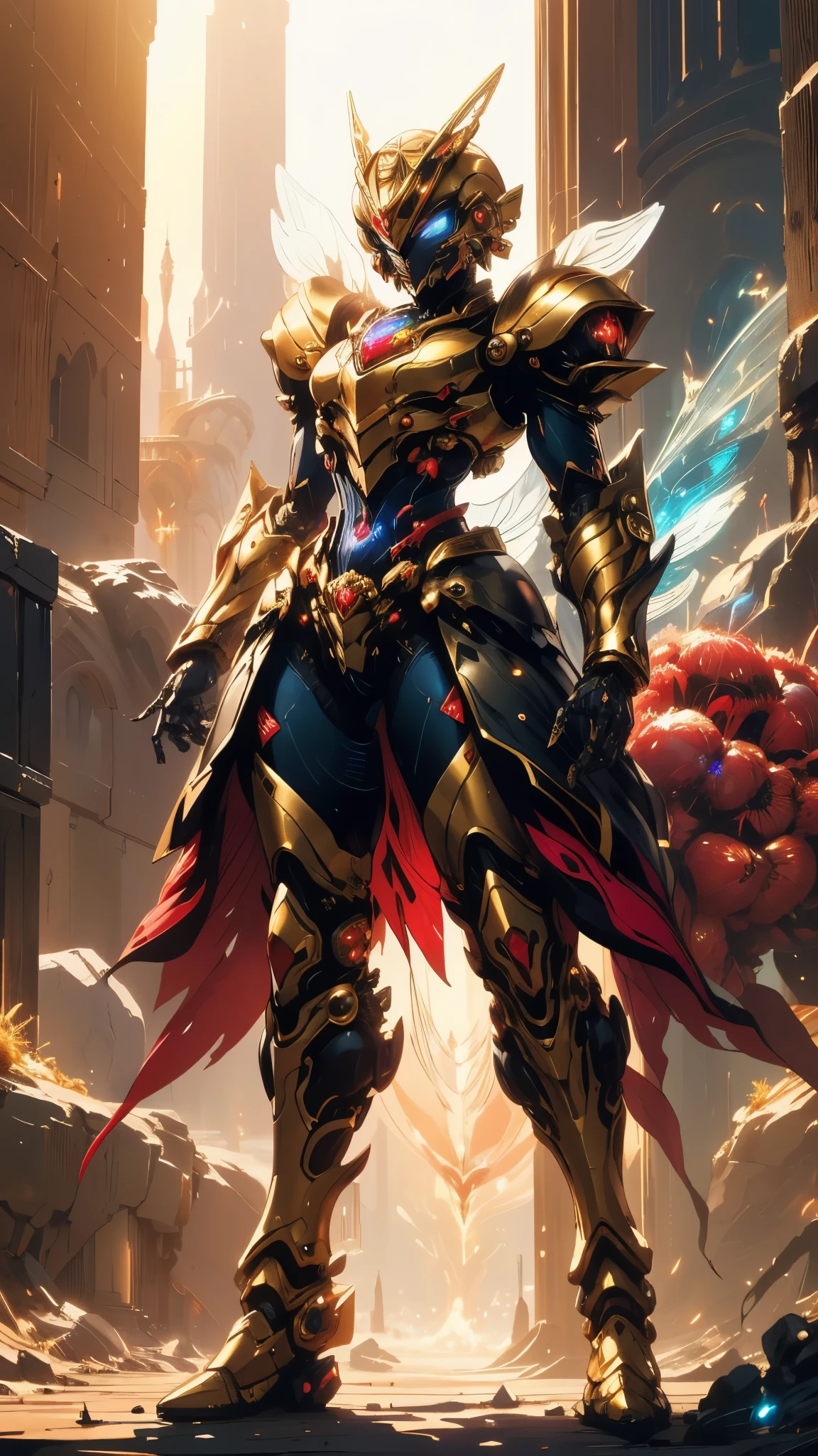 A woman adorned in fantasy-style full-body armor, a crown-concept fully enclosed helmet that unveils only her eyes, a composite layered chest plate, fully encompassing shoulder and hand guards, a lightweight waist armor, form-fitting shin guards, the overall design is heavy-duty yet flexible, (the armor gleams with a golden glow, complemented by red and blue accents), exhibiting a noble aura, she floats above a fantasy-surreal high-tech city, this character embodies a finely crafted fantasy-surreal style armored hero in anime style, exquisite and mature manga art style, (mixture of Queen bee and Spider concept Armor, plasma), ((Element, elegant, goddess, femminine:1.5)), metallic, high definition, best quality, highres, ultra-detailed, ultra-fine painting, extremely delicate, professional, anatomically correct, symmetrical face, extremely detailed eyes and face, high quality eyes, creativity, RAW photo, UHD, 32k, Natural light, cinematic lighting, masterpiece-anatomy-perfect, masterpiece:1.5