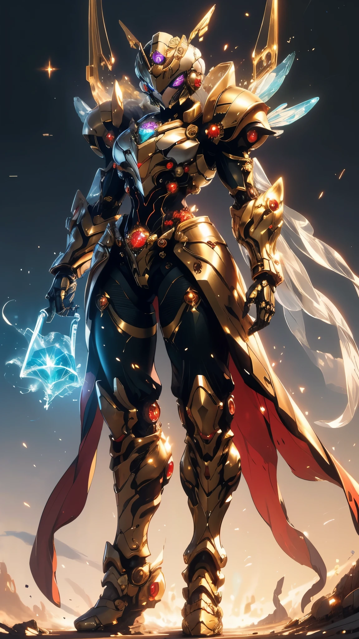 A woman adorned in fantasy-style full-body armor, a crown-concept fully enclosed helmet that unveils only her eyes, a composite layered chest plate, fully encompassing shoulder and hand guards, a lightweight waist armor, form-fitting shin guards, the overall design is heavy-duty yet flexible, (the armor gleams with a golden glow, complemented by red and blue accents), exhibiting a noble aura, she floats above a fantasy-surreal high-tech city, this character embodies a finely crafted fantasy-surreal style armored hero in anime style, exquisite and mature manga art style, (mixture of Queen bee and Spider concept Armor, plasma), ((Element, elegant, goddess, femminine:1.5)), metallic, high definition, best quality, highres, ultra-detailed, ultra-fine painting, extremely delicate, professional, anatomically correct, symmetrical face, extremely detailed eyes and face, high quality eyes, creativity, RAW photo, UHD, 32k, Natural light, cinematic lighting, masterpiece-anatomy-perfect, masterpiece:1.5