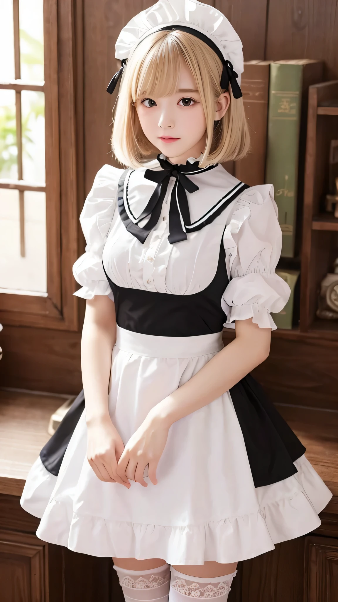 (Best quality, 8k, 32k, Masterpiece, UHD:1.2), 1girl, beautiy Japanese woman, narrow waist, maid clothes, detailed face, short hair,18years old，realistic shadow