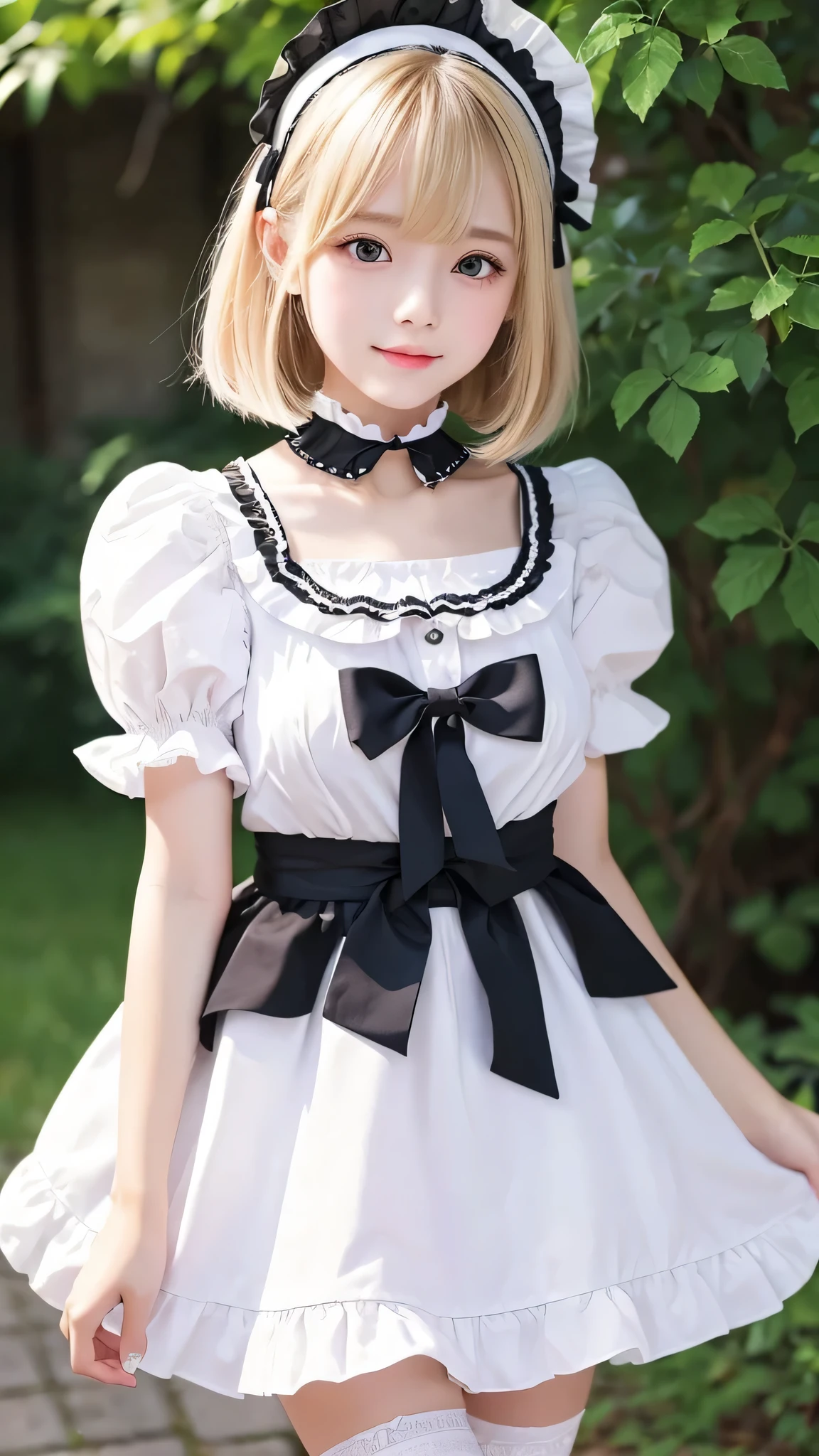 (((Top image quality、8K、​masterpiece、top-quality、1人の女性)))、((Beautie、Beautuful Women、kawaii、The face is orderly、Double eyelids、The whole body is shown))、(ighly detailed:1,3)、Cosplay、Shortcut Hair、Pink hair、In-game world、((Wearing black and white maid clothes))、Fluffy、Being in the park square、Like a virtual artist、Crystal clear smile、Fan Service、Black maid clothes、Black clothes