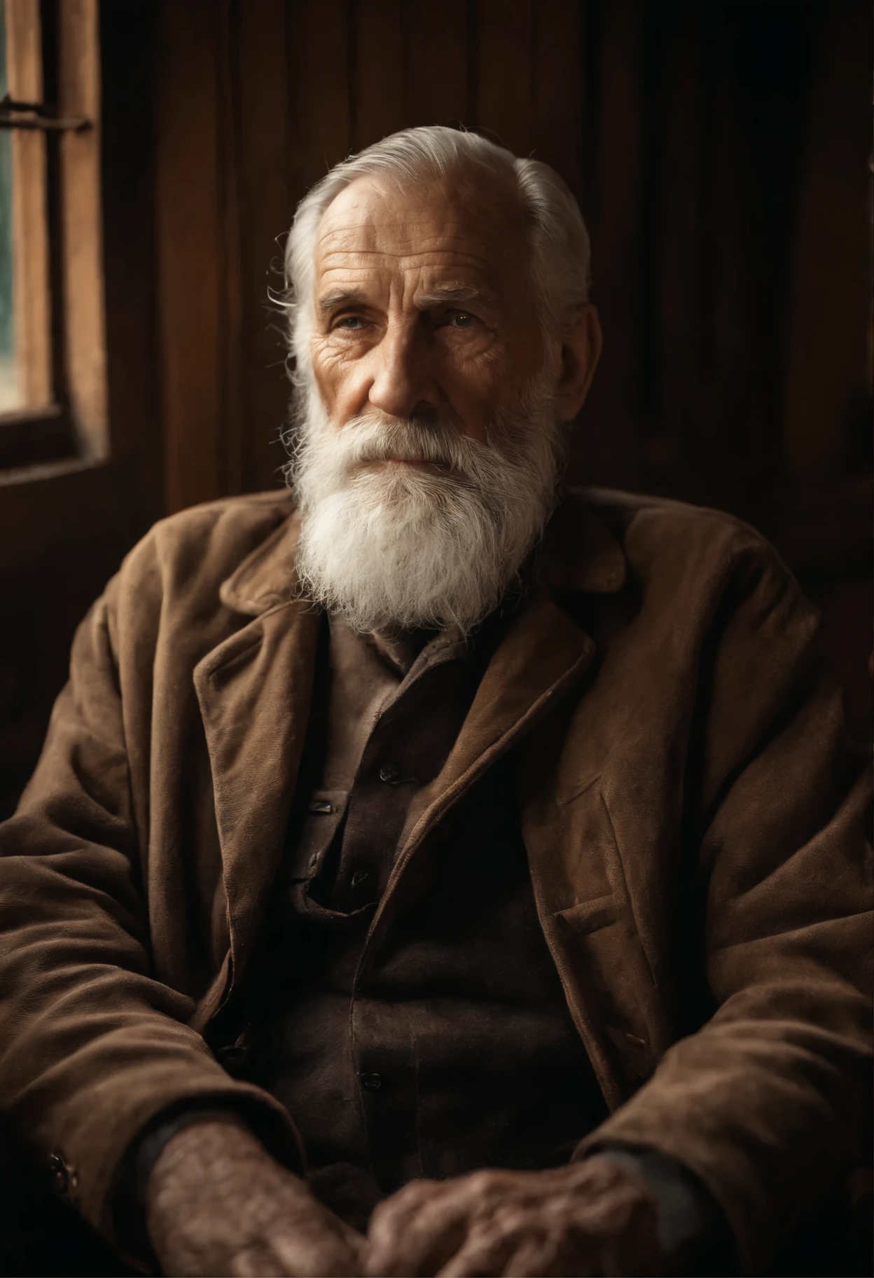 an old man with long grey beard staring to camera old brown jacket sitting on an old wooden chair with rambrand light on his face light brown eyes and wrinkles