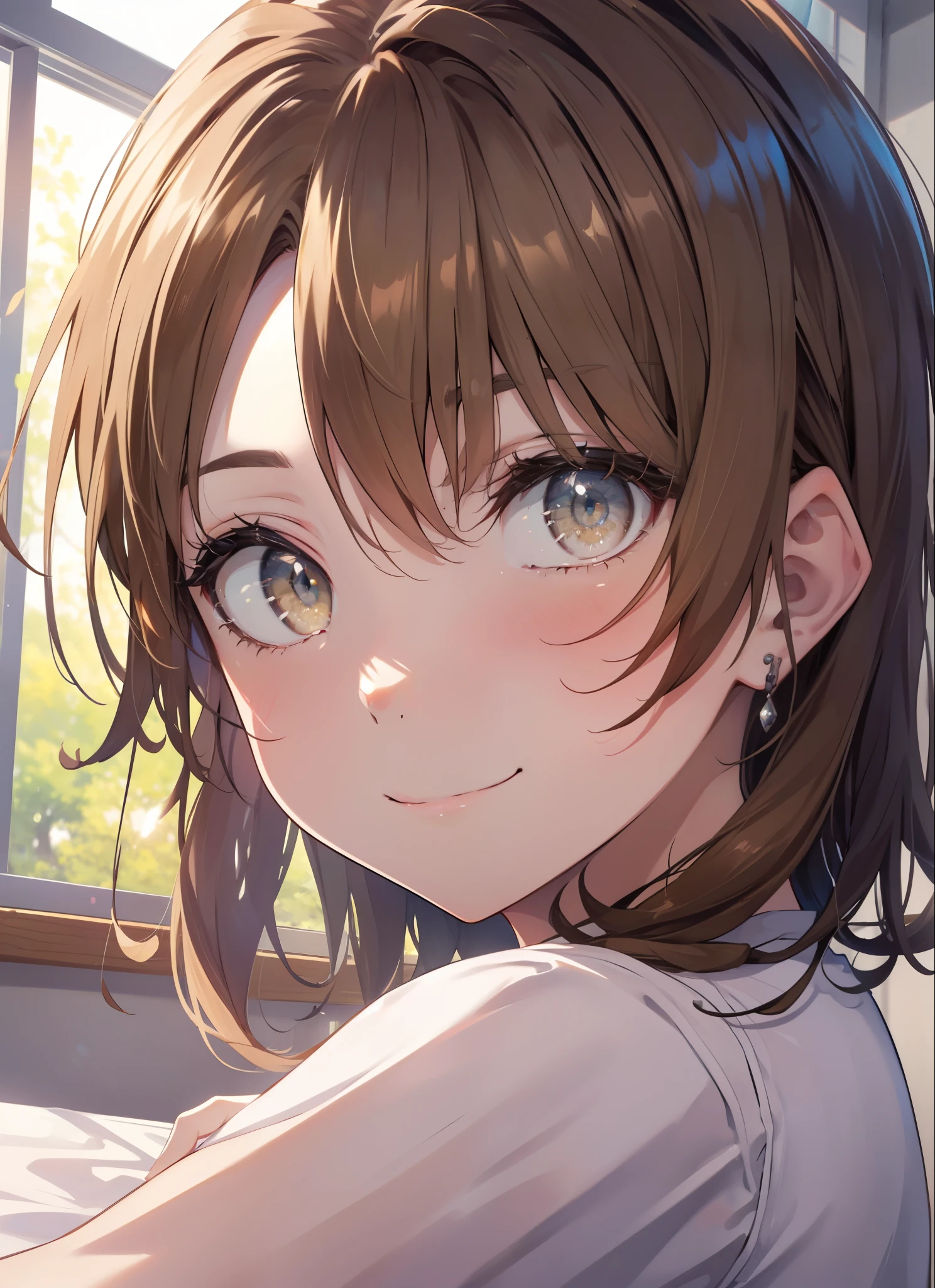 irohaisshiki, Isshiki Iroha, long hair, light brown hair, (brown eyes:1.5), smile,A girl sleeping with her eyes closed，sleep,white t-shirt,black underwear,barefoot,smile，Bedroom，light goes out， Covered with a blanket， windows，Romantic Sunrise，極度の光
break indoors, Bedroom
break looking at viewer,
break (masterpiece:1.2), highest quality, High resolution, unity 8k wallpaper, (shape:0.8), (beautiful and detailed eyes:1.6), highly detailed face, perfect lighting, Very detailed CG, (perfect hands, perfect anatomy),