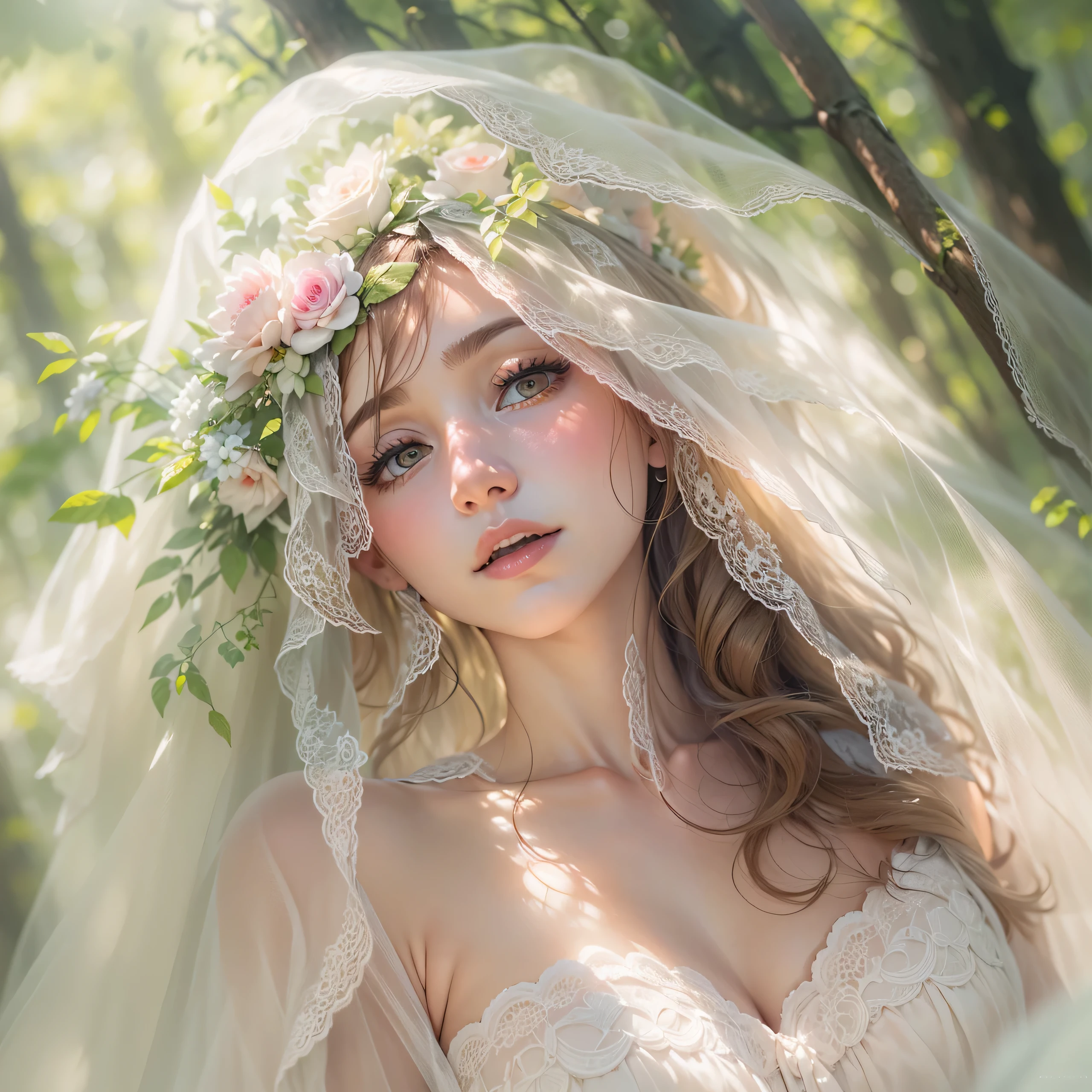 (Taken from head to toe, artistic angle: 1.6)、Portrait of a bride, with layers of A-line ruffles and delicate floral and pattern embroidery.Hobbit weddings. Chapel in the forest. The sun shining through the trees illuminates the bride and creates a magical atmosphere. The Hobbit bride is swooning with a veil over her head and a very beautiful expression on her face..effect///Fluffy pastel colors.fine brushes, Rough, detailed watercolour, soft and fantastic, pastel, Fluffy, (extremely fine and beautiful), (perfect detail)、(pastel color),Soft texture:1.2.(masutepiece, Best Quality), (finely detailed beautiful eye), (finely detailed eyes and detailed face),The tones are also visibly luminous.Pale blurred contours,Unobtrusive lighting, moody atmosphere,subtle highlights, 