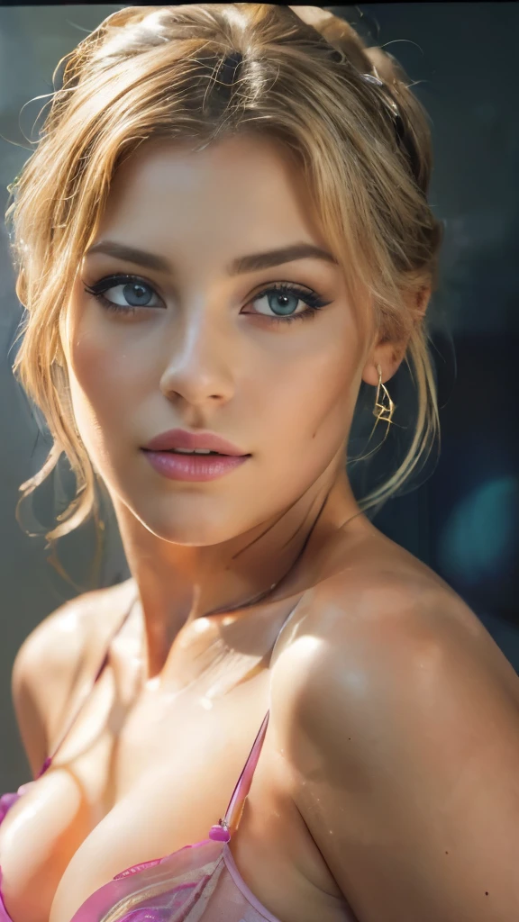(best quality,4k,8k,highres,masterpiece:1.2),ultra-detailed,(realistic,photorealistic,photo-realistic:1.37),blonde beautiful wearing lingerie detailed eyes,beautiful detailed lips,extremely detailed face,long eyelashes,portrait,blonde model with a bun,posing,studio lighting,vivid colors,soft shadows,subtle highlights,fashion photography