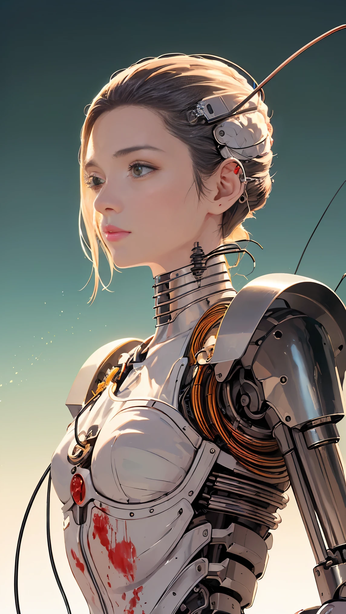 (((obra de arte))), (((melhor qualidade))), ((ultra-detalhado)), (Highly detailed CG illustration), ((extremamente delicado e lindo)),(Rosto bonito e delicado),cinematic light,((1 mechanical girl)),Sozinho,Corpo todo,(machine made gaskets:1.4),((mechanical members)),(exploded muscles),(blood vessels connected to tubes),(a brain in a container:1.3),((mechanical vertebra attached to the back)),((mechanical cervical attaching to the neck)),((sentado)),Inexpressivo,(wires and cables attached to the head and body:1.5),Seios pequenos,cabelo curto,(foco do personagem),Science fiction