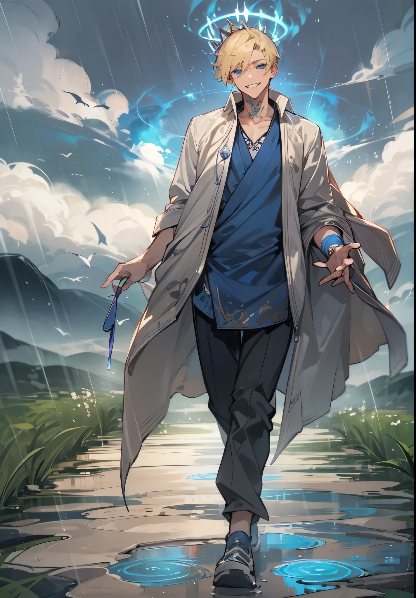 1male, Adult, Blue Eyes, Blonde Hair, Short Undercut Hair, Valley, Cloudy Sky, Raining, Walking on Path, Grin, Loose Long V-Neck Shirt, Long Poncho, Black Pants, Magicians Clothing, Crown, Arm Tattoo's, Blue Aura