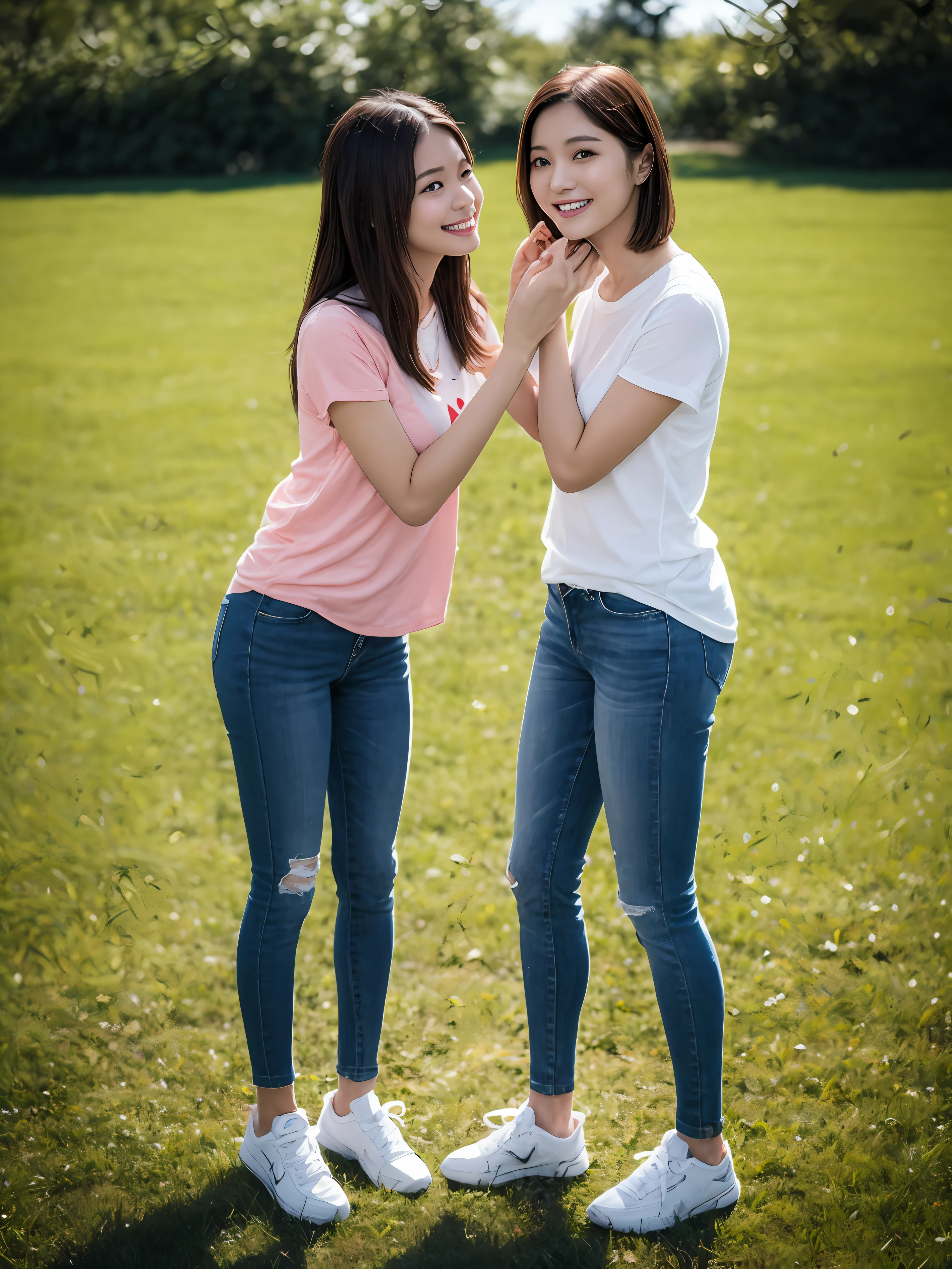 （超高分辨率，RAW photogr，realisticlying，tmasterpiece，best qualtiy：1.4），Complicated details，2 20 year old Korean girl，Wear a loose black T-shirt and skinny jeans，Stand on the grass and take pictures，hugs，Intimate relationships，Detailed meadow，A sweet smile on a small face，Ultra-realistic facial details，The face and skin are pink and white, and luminous，Playful and coquettish pose，The calves are straight and slender:1.2，Wear high-end brand sneakers:1.0，eventide：0.3，Broad lighting，naturalshadow：1.0，超高分辨率，taking a full body photo:1.8 --auto