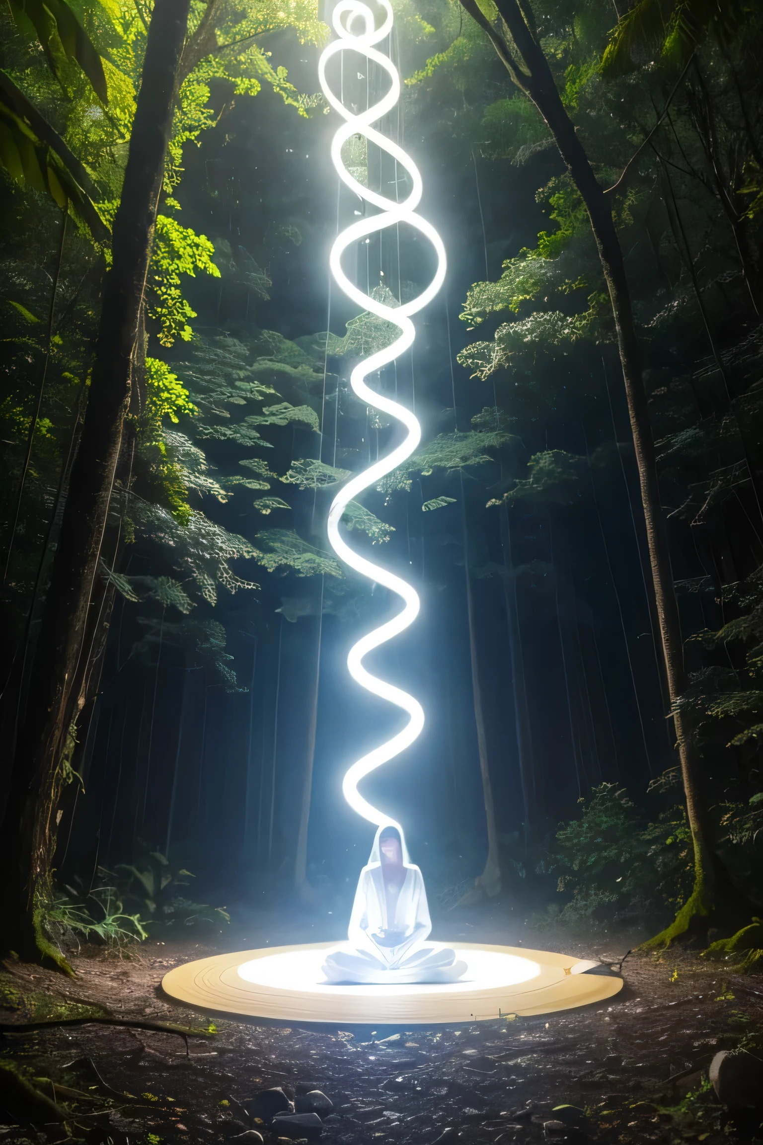 create a scene in the middle of an Atlantic forest with a spiral-shaped central light. This light comes from the sky and reaches the ground. in the center a figure with long white clothes is in a meditation position.
