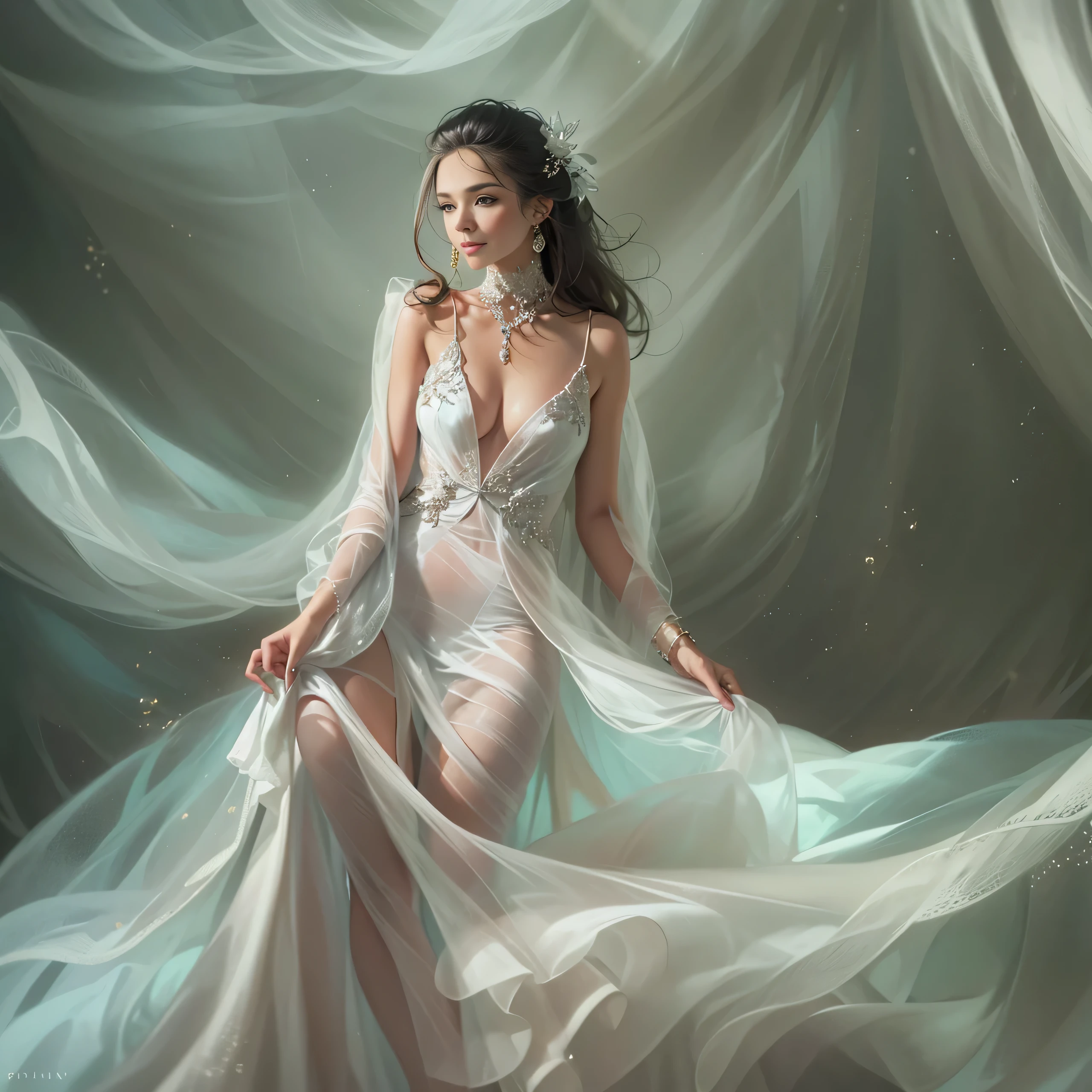 Beautiful woman in vey long translucent satin dress