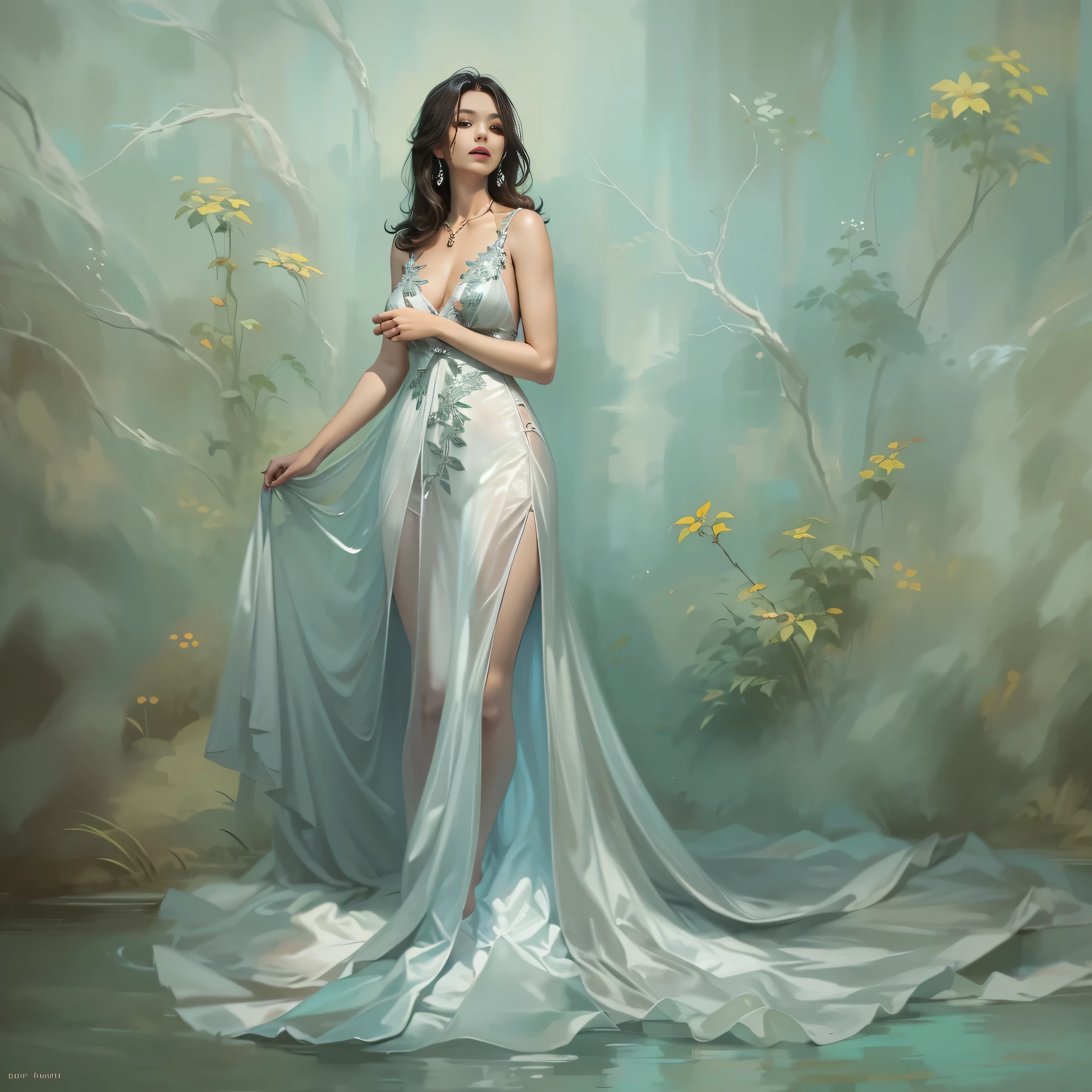 Beautiful woman in vey long translucent satin dress
