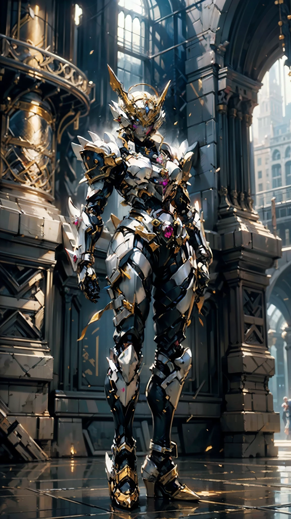 A woman adorned in fantasy-style full-body armor, a crown-concept fully enclosed helmet that unveils only her eyes, a composite layered chest plate, fully encompassing shoulder and hand guards, a lightweight waist armor, form-fitting shin guards, the overall design is heavy-duty yet flexible, (the armor gleams with a golden glow, complemented by red and blue accents), exhibiting a noble aura, she floats above a fantasy-surreal high-tech city, this character embodies a finely crafted fantasy-surreal style armored hero in anime style, exquisite and mature manga art style, (mixture of Queen bee and Spider concept Armor, plasma), ((Element, elegant, goddess, femminine:1.5)), metallic, high definition, best quality, highres, ultra-detailed, ultra-fine painting, extremely delicate, professional, anatomically correct, symmetrical face, extremely detailed eyes and face, high quality eyes, creativity, RAW photo, UHD, 32k, Natural light, cinematic lighting, masterpiece-anatomy-perfect, masterpiece:1.5