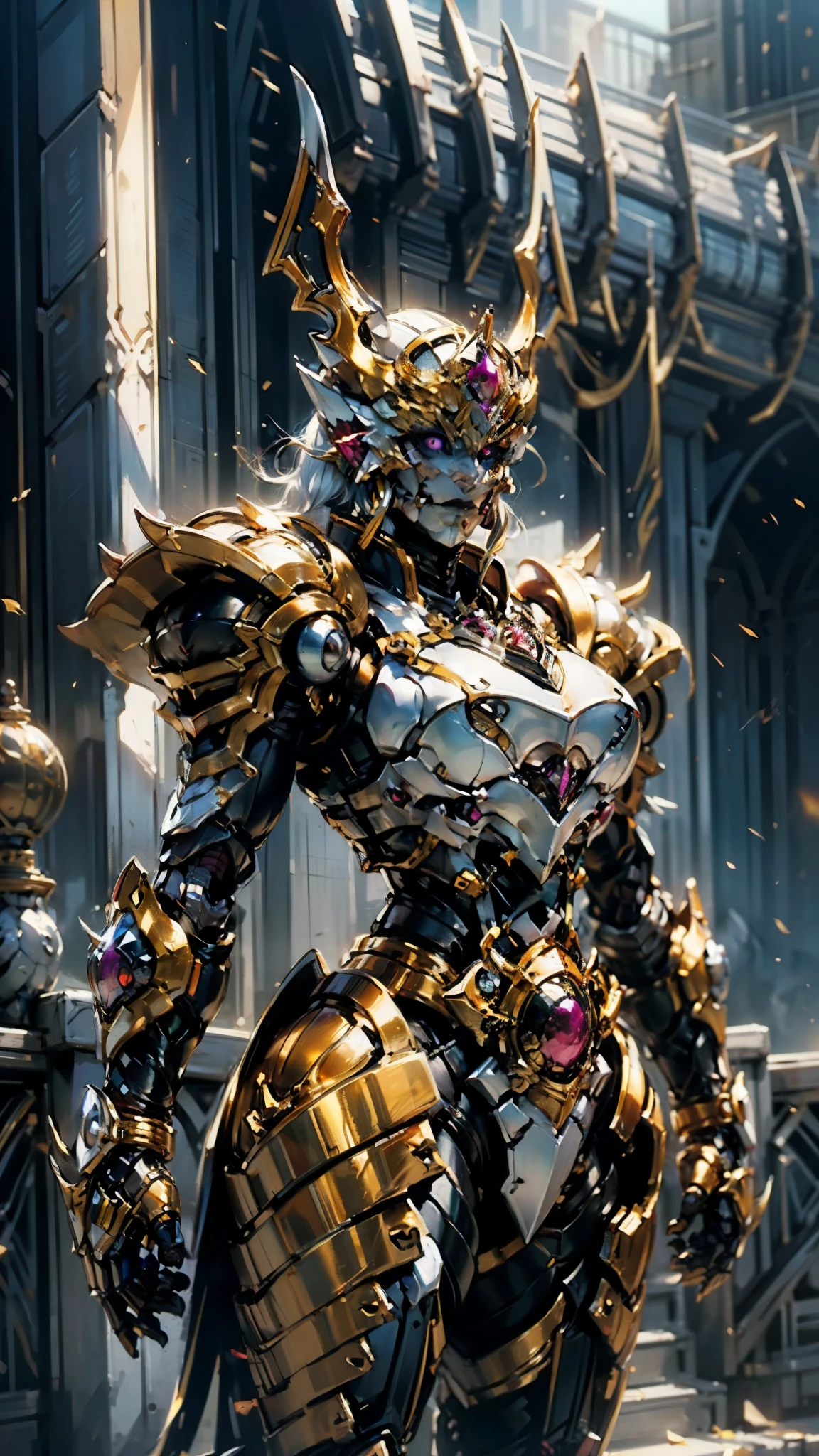 A woman adorned in fantasy-style full-body armor, a crown-concept fully enclosed helmet that unveils only her eyes, a composite layered chest plate, fully encompassing shoulder and hand guards, a lightweight waist armor, form-fitting shin guards, the overall design is heavy-duty yet flexible, (the armor gleams with a golden glow, complemented by red and blue accents), exhibiting a noble aura, she floats above a fantasy-surreal high-tech city, this character embodies a finely crafted fantasy-surreal style armored hero in anime style, exquisite and mature manga art style, (mixture of Queen bee and Spider concept Armor, plasma), ((Element, elegant, goddess, femminine:1.5)), metallic, high definition, best quality, highres, ultra-detailed, ultra-fine painting, extremely delicate, professional, anatomically correct, symmetrical face, extremely detailed eyes and face, high quality eyes, creativity, RAW photo, UHD, 32k, Natural light, cinematic lighting, masterpiece-anatomy-perfect, masterpiece:1.5