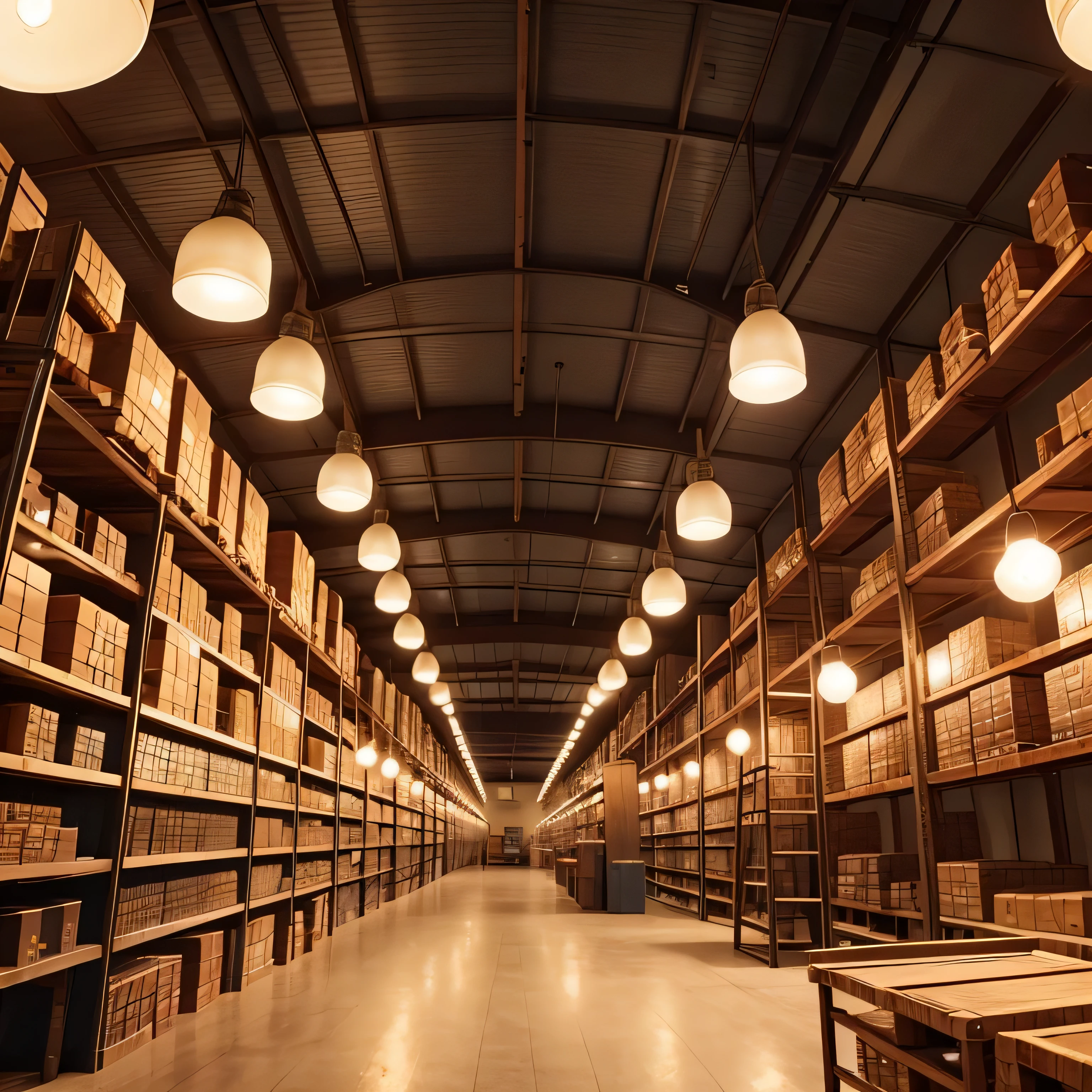 atue como um fotografo, and take a photo of a vintage-style warehouse with lots of shelves of boxes on the sides, several round lamps throughout the warehouse at night, luzes acesas, piso de cimento queimado