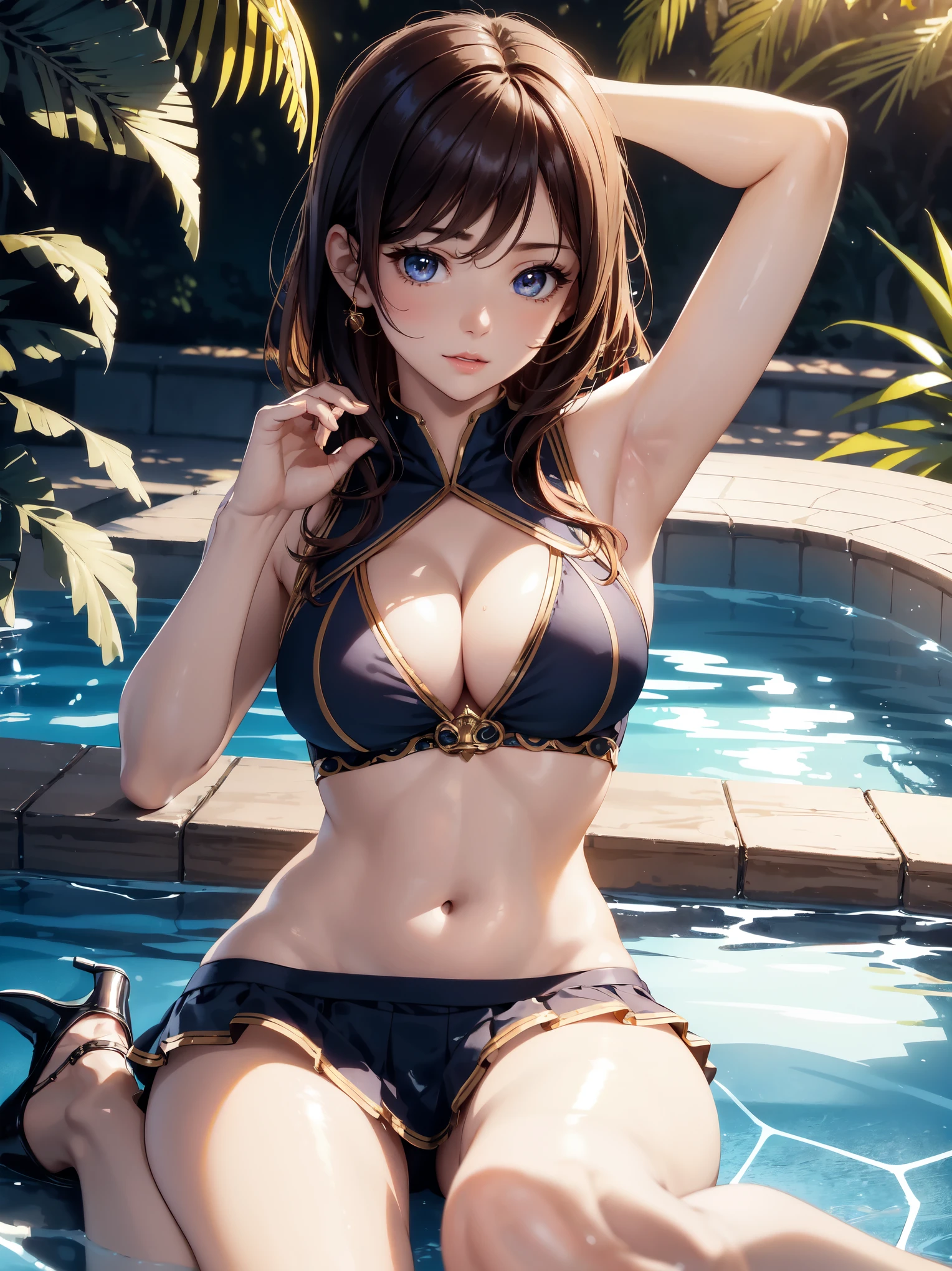 masterpiece, best quality, high quality, High definition, High quality texture, High quality shadow, high detail, beautiful detailed, finely detailed, extremely detailed cg, detailed texture, a realistic representation of the face, realistic, colorful, delicate, Cinematic Light, Ray tracing, sharp focus, (intricate details, makeup, PureErosFace_V1:0.5), (detailed beautiful delicate face, detailed beautiful delicate eyes, a face of perfect proportion, high detailed skin, detailed skin, best ratio four finger and one thumb, (large breasts), (((cleavage))), ((Smooth texture, Realistic texture, Photorealistic)), Detailed beautiful eyes, Beautiful eyelashes, green eyes, medium hair, 1 woman, at poolside, (((transparent sailor shirt, Sleeveless, Open front))), (((Navel ))), (((transparent Micro Mini Skirt))), (Beautiful face, Cute face, Detailed face), (full body), (((sitting on poolside))), (((raising one knee))), (((arms behind head, Pose to show armpits by raising both hands))), (((high heels shoes))), (((Sunny))), Perfect Eyes Eyes,