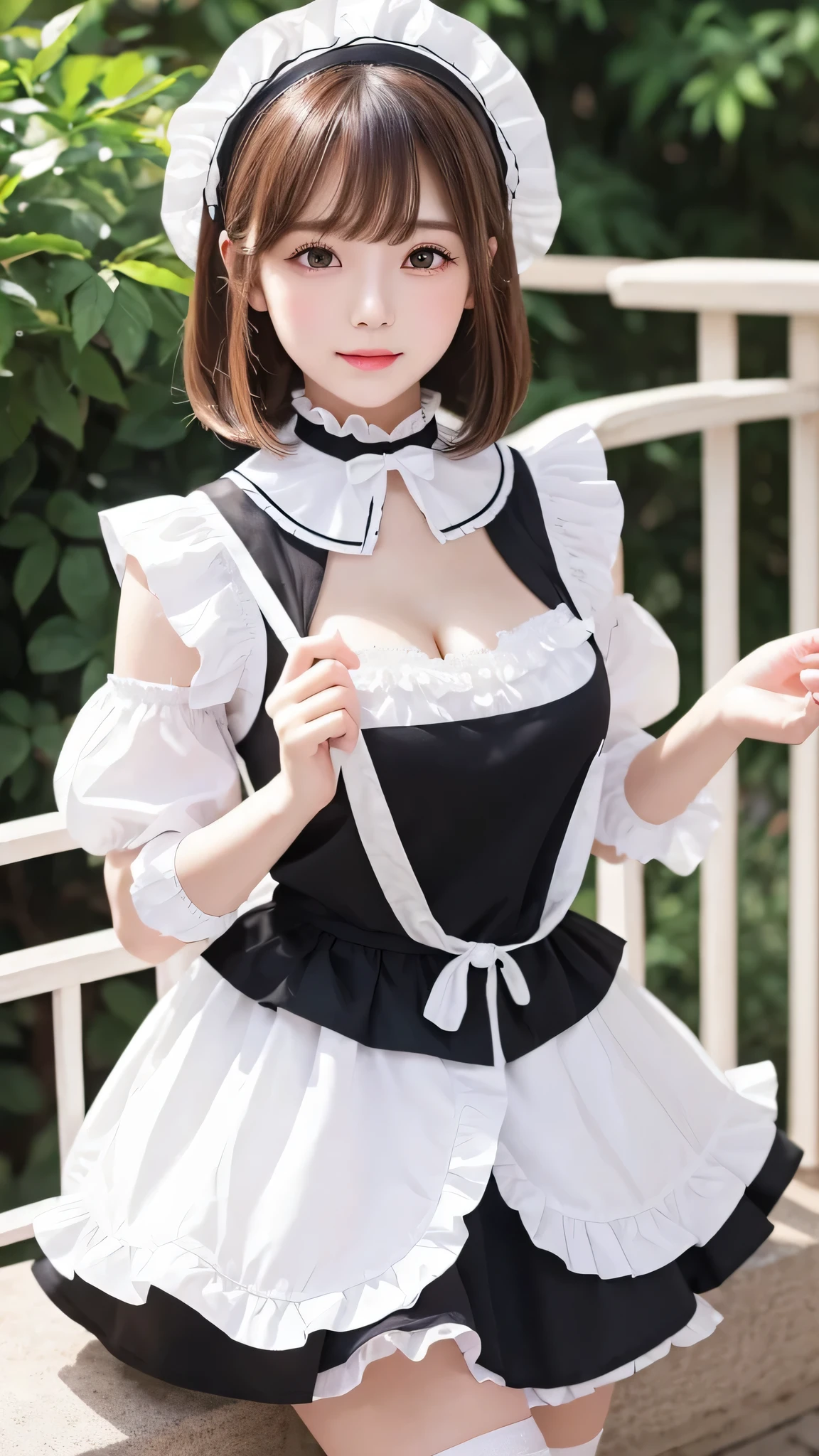 Beautiful white and shining skin、Chestnut hair that changes depending on the light、Long bangs between the eyes that obstruct the view、Cheek gloss highlights、Sexy and very beautiful nice gorgeous face、the most beautiful face in the world、short bob、Smooth straight hair、big breasts、beautiful breasts、cleavage、Big and bright eyes、beautiful bangs、Beautiful and beautiful woman。small face beauty、headdress、white blouse、black ribbon、ruffle skirt、puff sleeves、collar、choker、white apron with fine frills、white knee high socks、black maid costume、full body shot、beautiful thighs、