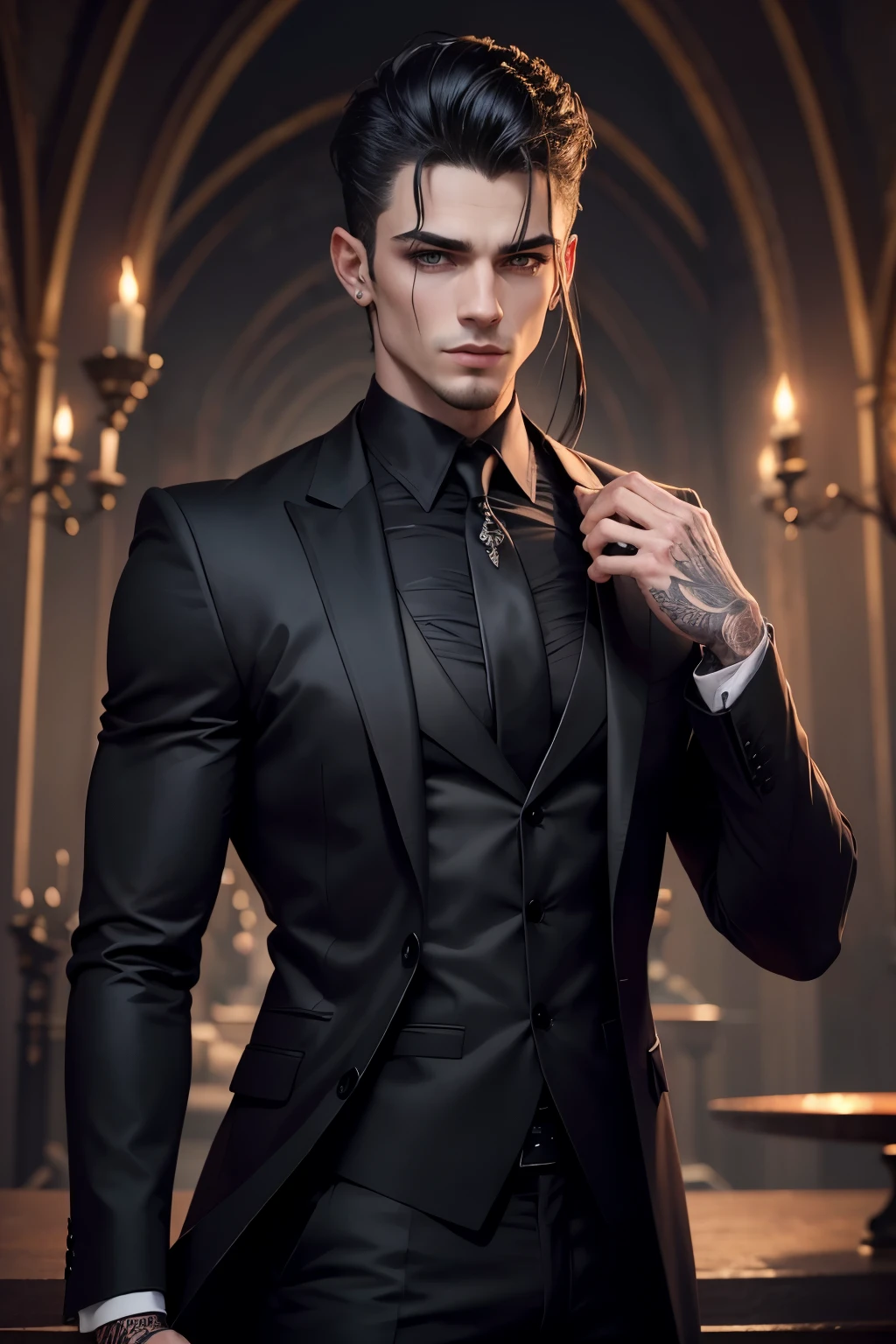 um vampiro muito bonito, magro, corpo masculino, rosto detalhado, corpo detalhado, wearing a black suite, respingos de sangue, cabelo preto, brincos, o fundo velho castelo fantasia, sangue flutuando.