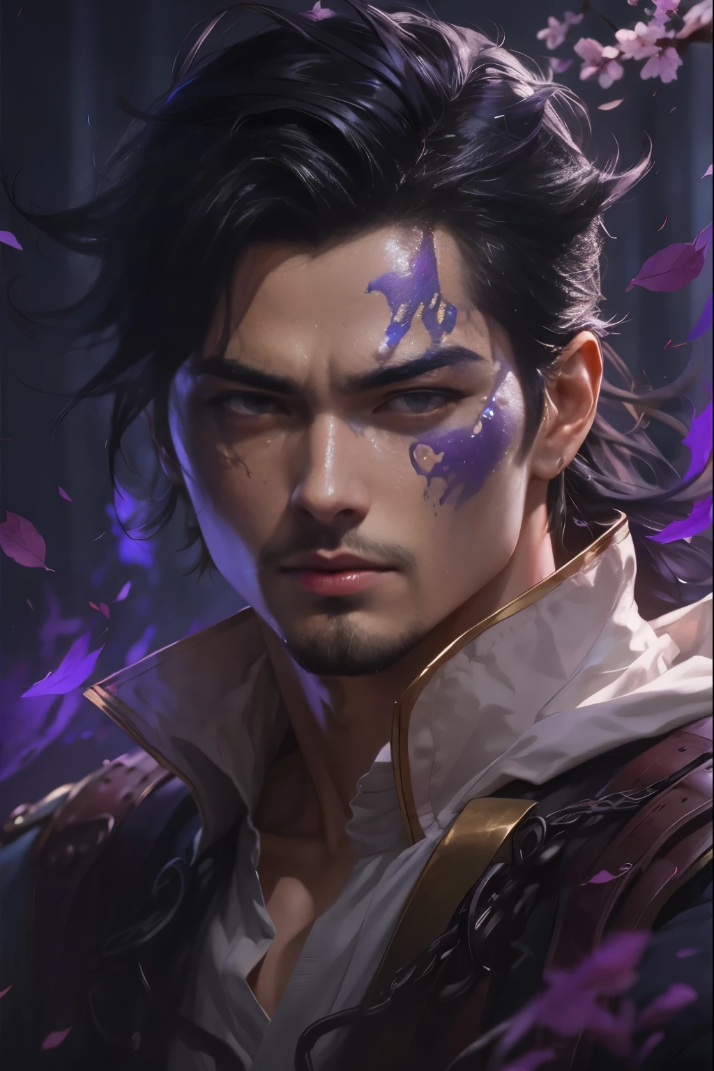 um close up de um homem com olhos roxos e uma pintura de rosto roxo, por Yang J, range murata and artegerm, artegerm portrait, Yanjun Chengt, artegerm and ruan jia, by ruan jia and stanley artegerm, Ross Tran e Bayard Wu, even model | artegerm, WLOP e Ross Tran