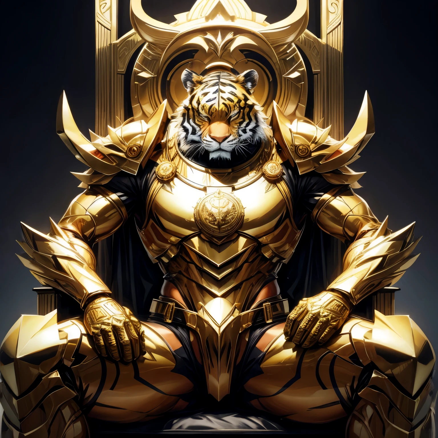 Tiger man, on throne, gold armor, godly, realistic, 8k