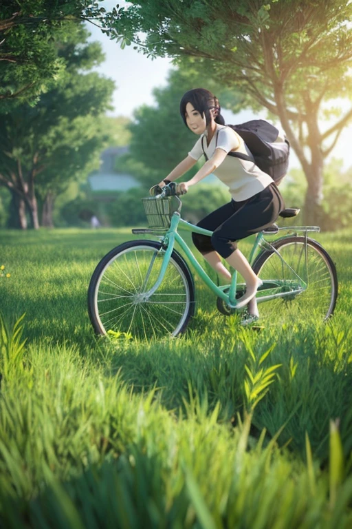 a woman riding a bike through a lush green field, an anime drawing, mischievous!!, sakura kinomoto, ( ( ( ( 3 d render ) ) ) ), in the middle of round ruins