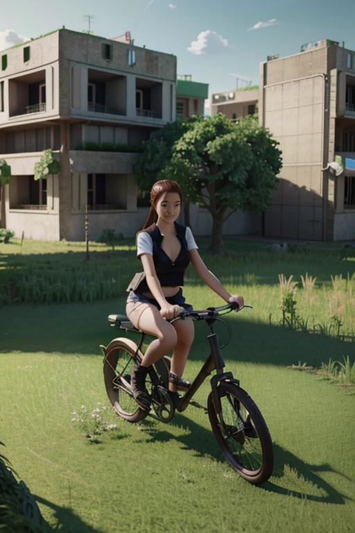 a woman riding a bike through a lush green field, an anime drawing, mischievous!!, sakura kinomoto, ( ( ( ( 3 d render ) ) ) ), in the middle of round ruins