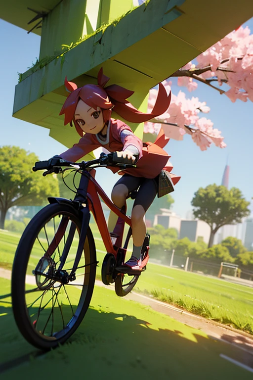 a woman riding a bike through a lush green field, an anime drawing, mischievous!!, sakura kinomoto, ( ( ( ( 3 d render ) ) ) ), in the middle of round ruins