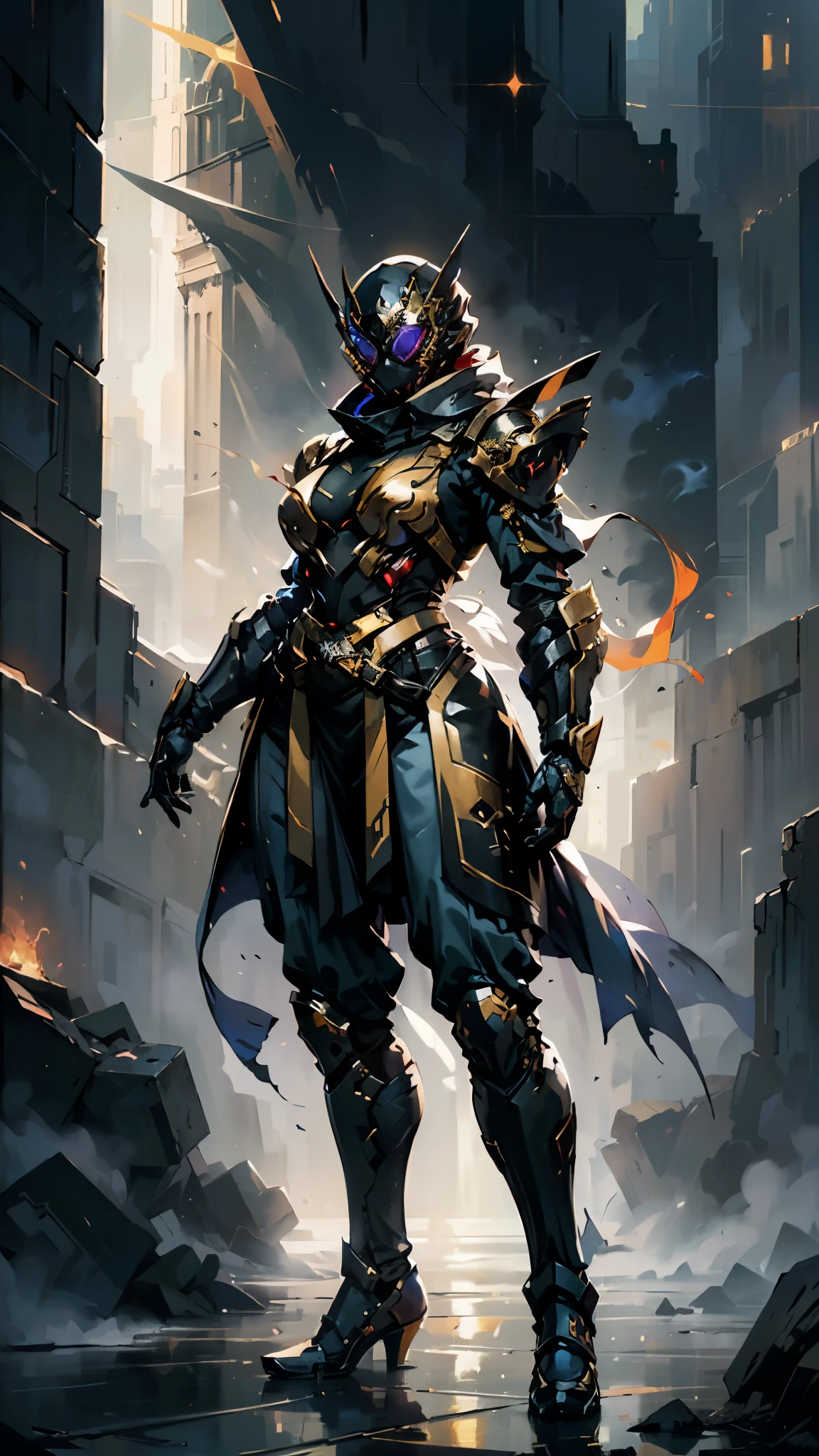 A woman adorned in fantasy-style full-body armor, a crown-concept fully enclosed helmet that unveils only her eyes, a composite layered chest plate, fully encompassing shoulder and hand guards, a lightweight waist armor, form-fitting shin guards, the overall design is heavy-duty yet flexible, (the armor gleams with a golden glow, complemented by red and blue accents), exhibiting a noble aura, she floats above a fantasy-surreal high-tech city, this character embodies a finely crafted fantasy-surreal style armored hero in anime style, exquisite and mature manga art style, (mixture of Queen bee and Spider concept Armor, plasma), ((Element, elegant, goddess, femminine:1.5)), metallic, high definition, best quality, highres, ultra-detailed, ultra-fine painting, extremely delicate, professional, anatomically correct, symmetrical face, extremely detailed eyes and face, high quality eyes, creativity, RAW photo, UHD, 32k, Natural light, cinematic lighting, masterpiece-anatomy-perfect, masterpiece:1.5