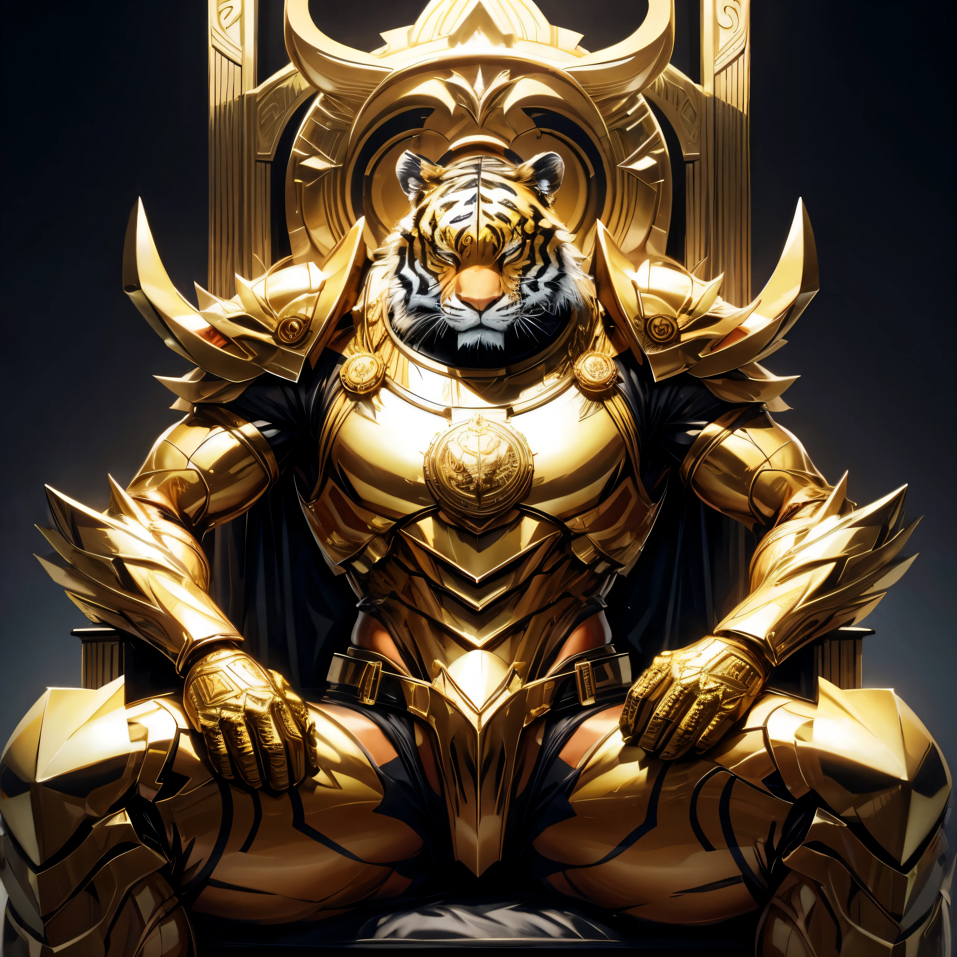 Tiger man, on throne, gold armor, godly, realistic, 8k
