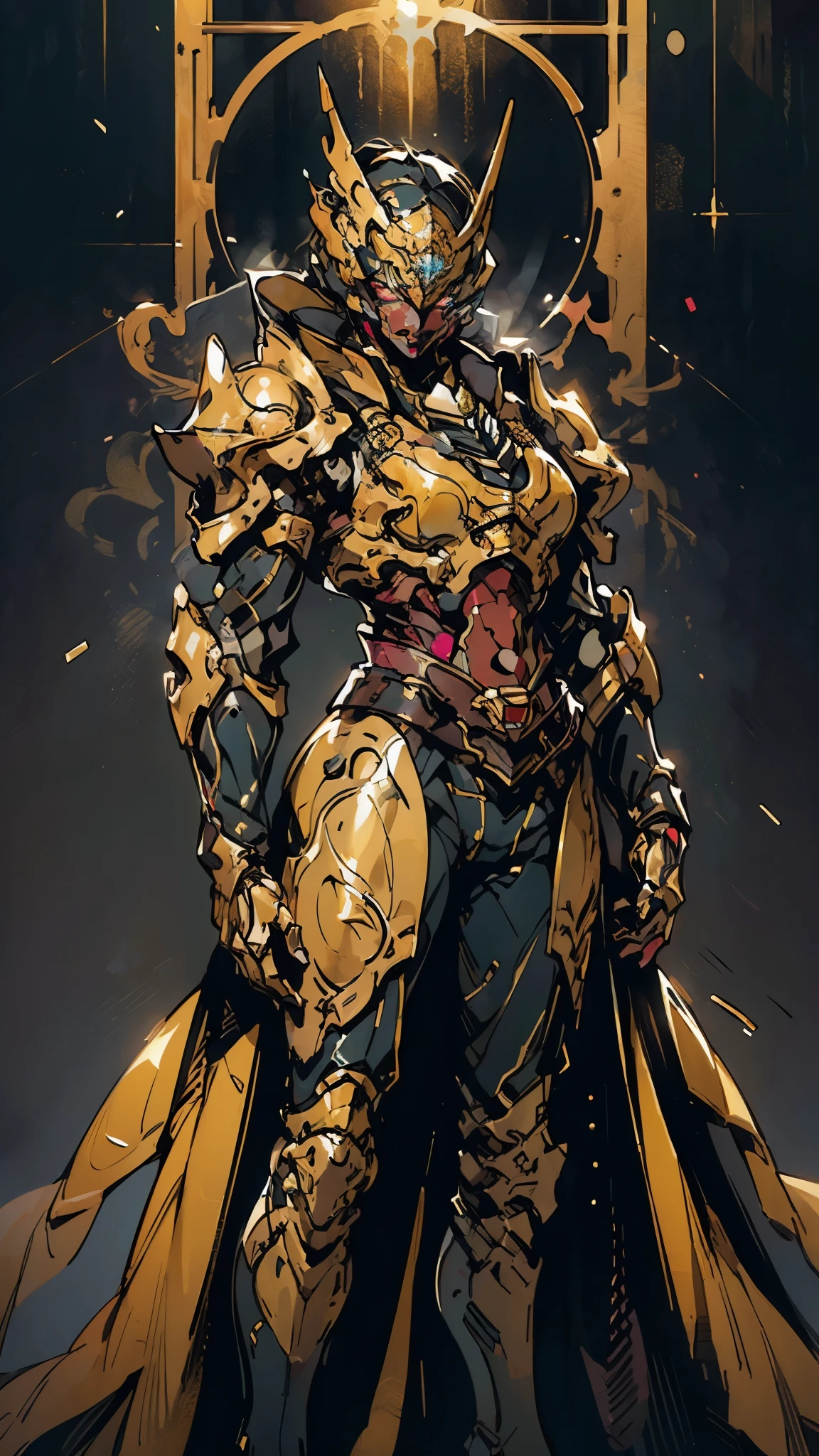 A woman adorned in fantasy-style full-body armor, a crown-concept fully enclosed helmet that unveils only her eyes, a composite layered chest plate, fully encompassing shoulder and hand guards, a lightweight waist armor, form-fitting shin guards, the overall design is heavy-duty yet flexible, (the armor gleams with a golden glow, complemented by red and blue accents), exhibiting a noble aura, she floats above a fantasy-surreal high-tech city, this character embodies a finely crafted fantasy-surreal style armored hero in anime style, exquisite and mature manga art style, (mixture of Queen bee and Spider concept Armor, plasma), ((Element, elegant, goddess, femminine:1.5)), metallic, high definition, best quality, highres, ultra-detailed, ultra-fine painting, extremely delicate, professional, anatomically correct, symmetrical face, extremely detailed eyes and face, high quality eyes, creativity, RAW photo, UHD, 32k, Natural light, cinematic lighting, masterpiece-anatomy-perfect, masterpiece:1.5