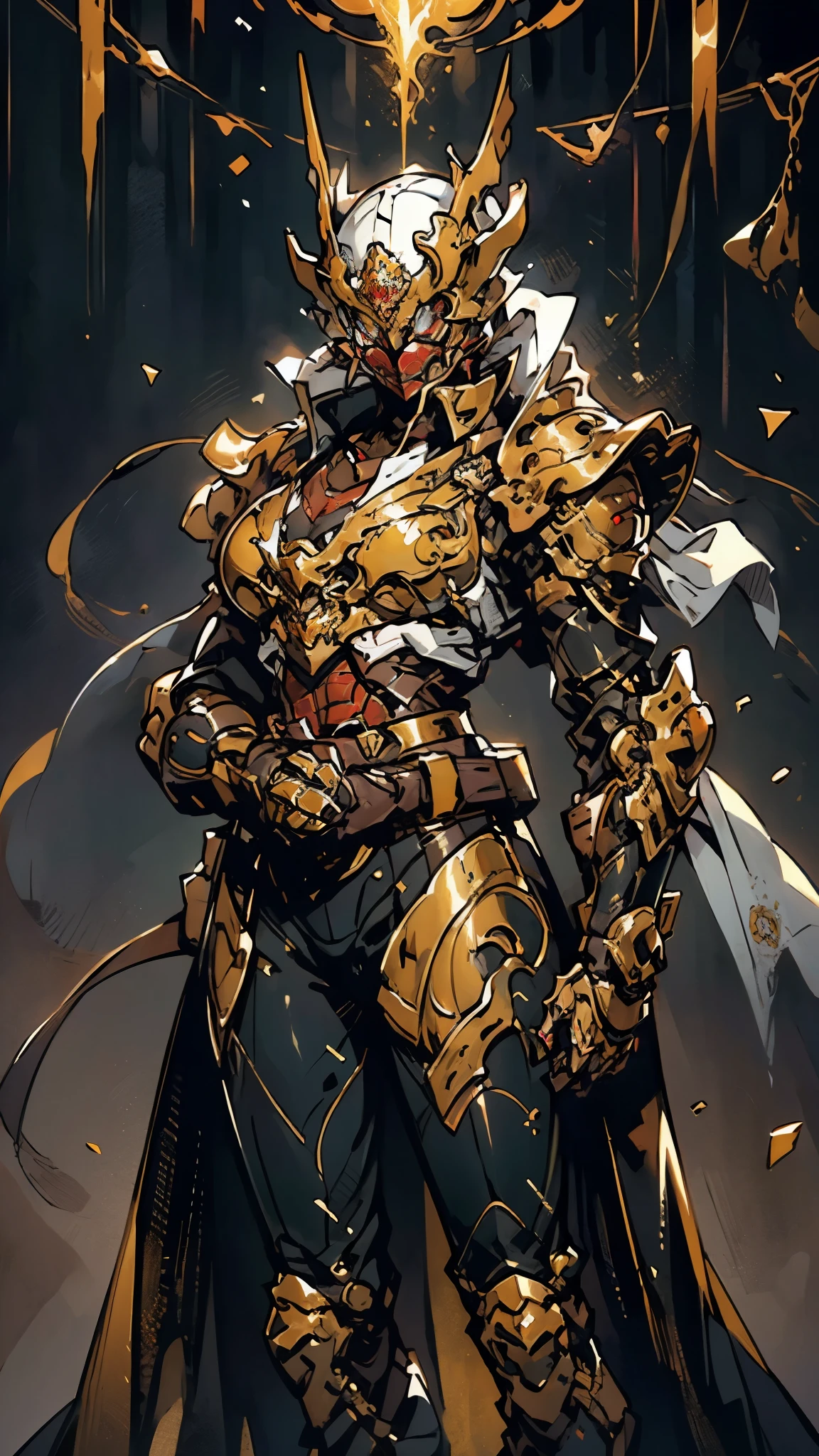 A woman adorned in fantasy-style full-body armor, a crown-concept fully enclosed helmet that unveils only her eyes, a composite layered chest plate, fully encompassing shoulder and hand guards, a lightweight waist armor, form-fitting shin guards, the overall design is heavy-duty yet flexible, (the armor gleams with a golden glow, complemented by red and blue accents), exhibiting a noble aura, she floats above a fantasy-surreal high-tech city, this character embodies a finely crafted fantasy-surreal style armored hero in anime style, exquisite and mature manga art style, (mixture of Queen bee and Spider concept Armor, plasma), ((Element, elegant, goddess, femminine:1.5)), metallic, high definition, best quality, highres, ultra-detailed, ultra-fine painting, extremely delicate, professional, anatomically correct, symmetrical face, extremely detailed eyes and face, high quality eyes, creativity, RAW photo, UHD, 32k, Natural light, cinematic lighting, masterpiece-anatomy-perfect, masterpiece:1.5