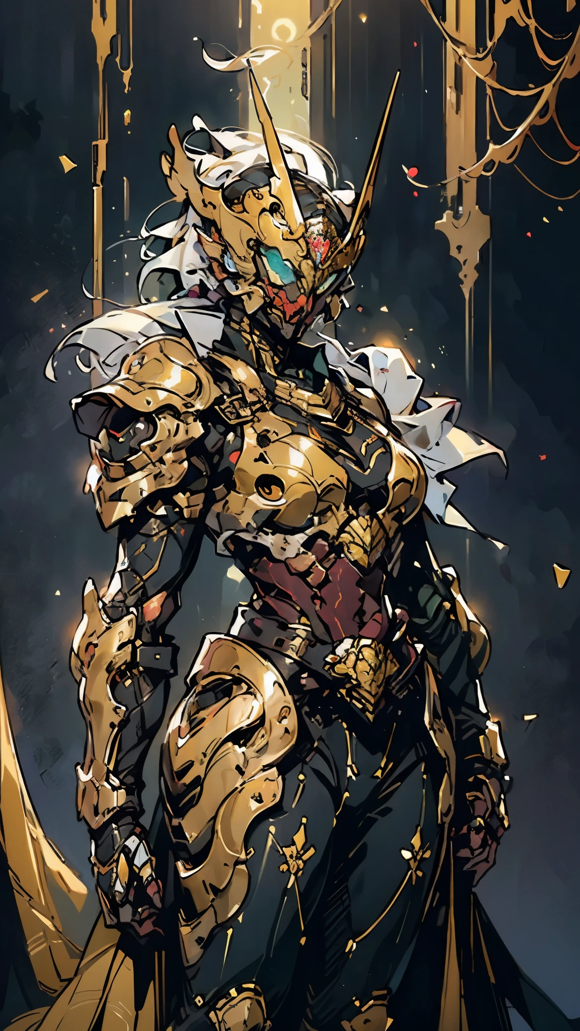 A woman adorned in fantasy-style full-body armor, a crown-concept fully enclosed helmet that unveils only her eyes, a composite layered chest plate, fully encompassing shoulder and hand guards, a lightweight waist armor, form-fitting shin guards, the overall design is heavy-duty yet flexible, (the armor gleams with a golden glow, complemented by red and blue accents), exhibiting a noble aura, she floats above a fantasy-surreal high-tech city, this character embodies a finely crafted fantasy-surreal style armored hero in anime style, exquisite and mature manga art style, (mixture of Queen bee and Spider concept Armor, plasma), ((Element, elegant, goddess, femminine:1.5)), metallic, high definition, best quality, highres, ultra-detailed, ultra-fine painting, extremely delicate, professional, anatomically correct, symmetrical face, extremely detailed eyes and face, high quality eyes, creativity, RAW photo, UHD, 32k, Natural light, cinematic lighting, masterpiece-anatomy-perfect, masterpiece:1.5