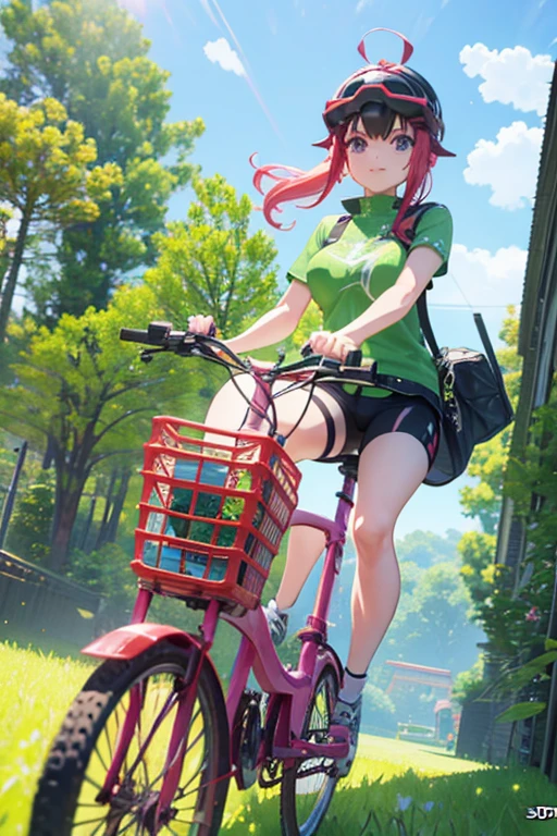 a woman riding a bike through a lush green field, an anime drawing, mischievous!!, sakura kinomoto, ( ( ( ( 3 d render ) ) ) ), in the middle of round ruins