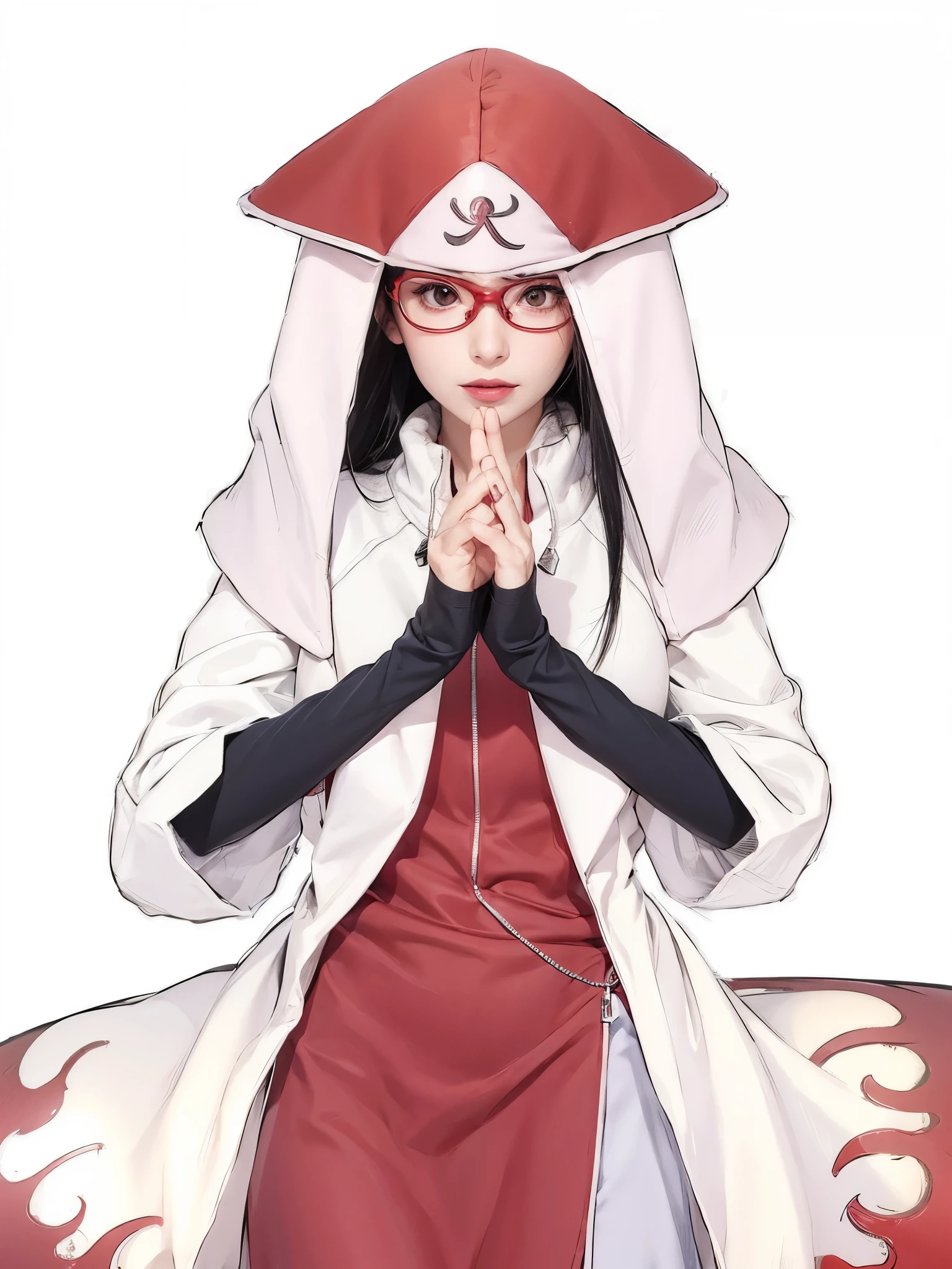 1 girl, create a character (uchiha sarada) with photo realistic, real life, features, wearing red glasses, red glasses accessories, short hair, bangs sweeping to the left, with a medium sized left sponge hairstyle, cute face, beautiful teenager, glowing skin, deep red eye lenses, pink lips/lipstick, expression focused on the screen, with a sweet faint smile, half body, sexy body, large/medium breasts, photo size: 6-19, Tokyo Street, evening , cityscape, city lights, upper body, RAW photos , best quality, masterpiece, realistic, photo-realistic, plain yellow hoodie, half body, bangs, jet black puff, freestyle photos,( jaket punk in love ) sport riexsond