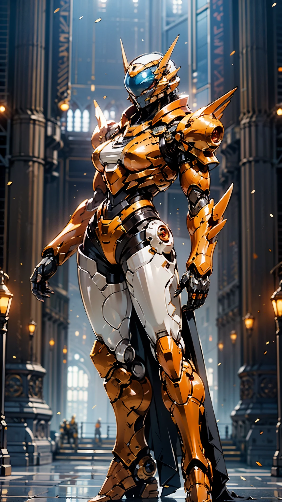 A woman adorned in fantasy-style full-body armor, a crown-concept fully enclosed helmet that unveils only her eyes, a composite layered chest plate, fully encompassing shoulder and hand guards, a lightweight waist armor, form-fitting shin guards, the overall design is heavy-duty yet flexible, (the armor gleams with a golden glow, complemented by red and blue accents), exhibiting a noble aura, she floats above a fantasy-surreal high-tech city, this character embodies a finely crafted fantasy-surreal style armored hero in anime style, exquisite and mature manga art style, (mixture of Queen bee and Spider concept Armor, plasma), ((Element, elegant, goddess, femminine:1.5)), metallic, high definition, best quality, highres, ultra-detailed, ultra-fine painting, extremely delicate, professional, anatomically correct, symmetrical face, extremely detailed eyes and face, high quality eyes, creativity, RAW photo, UHD, 32k, Natural light, cinematic lighting, masterpiece-anatomy-perfect, masterpiece:1.5