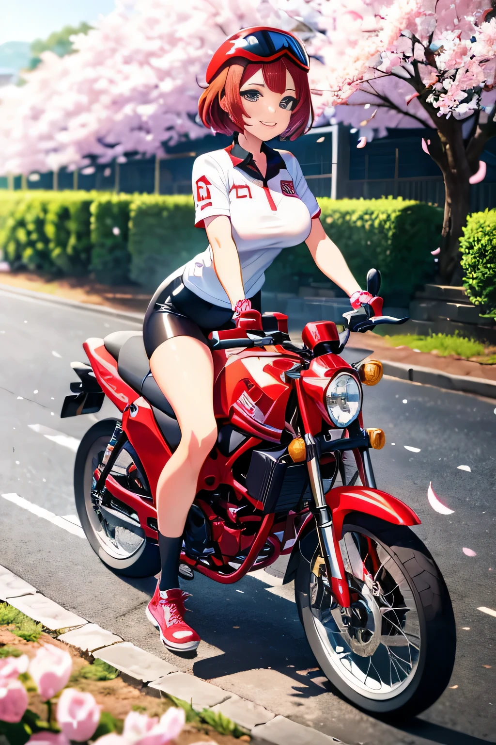Ride a red bike down the hill,japanese animation,cinematic,sunlight,elegant girl ,big ass、cheerful smile,(black、white、red tight bicycle jersey,)black、white、wearing a red bicycle helmet,big breasts,( Shiny reddish brown short hair,)Cherry blossoms with falling petals,detailed hairstyle,very detailed